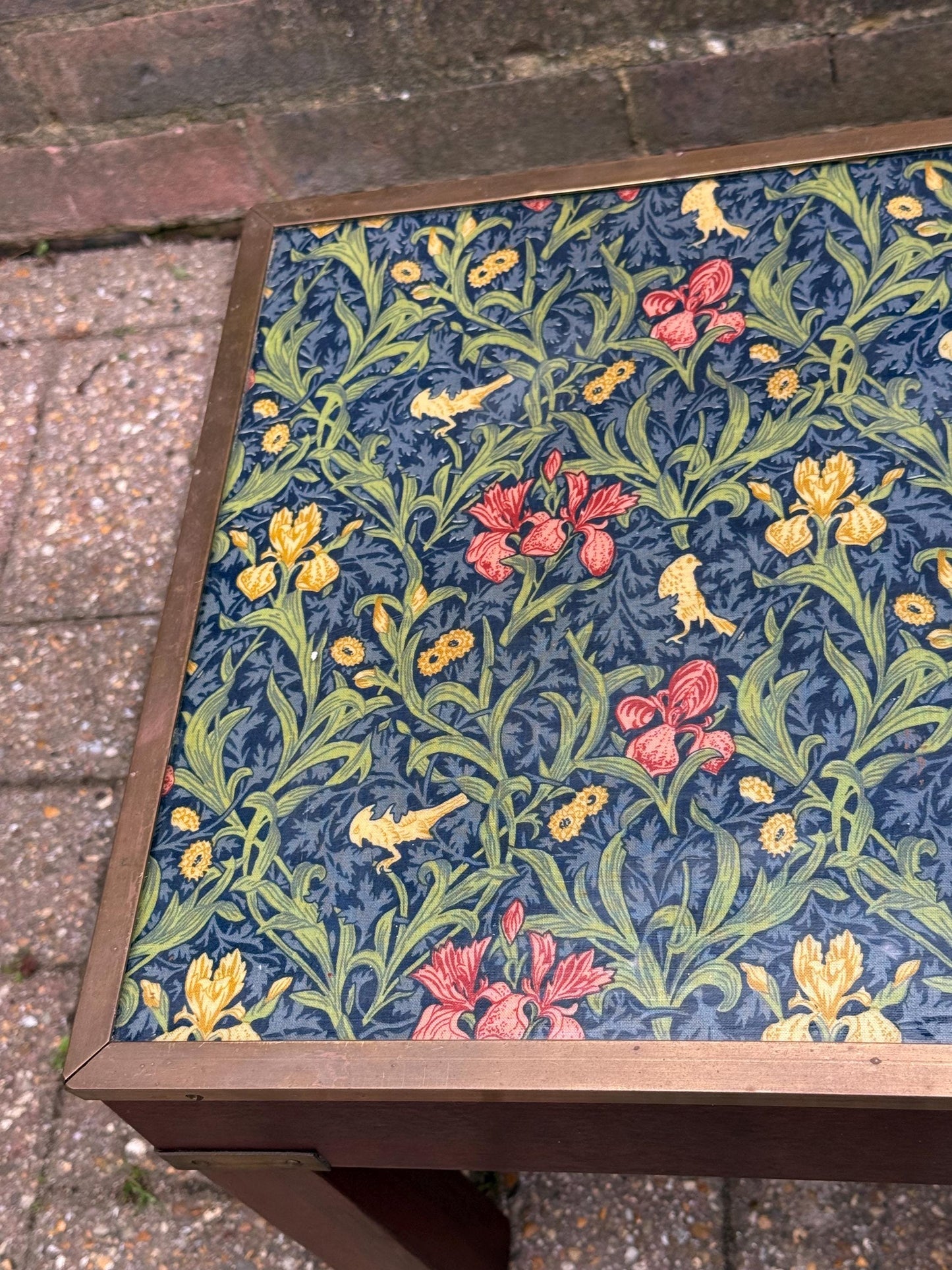 Vintage Hardwood & Brass Side Table with William Morris Floral Under Glass – Retro Accent Table or Plant Stand / Plant Table