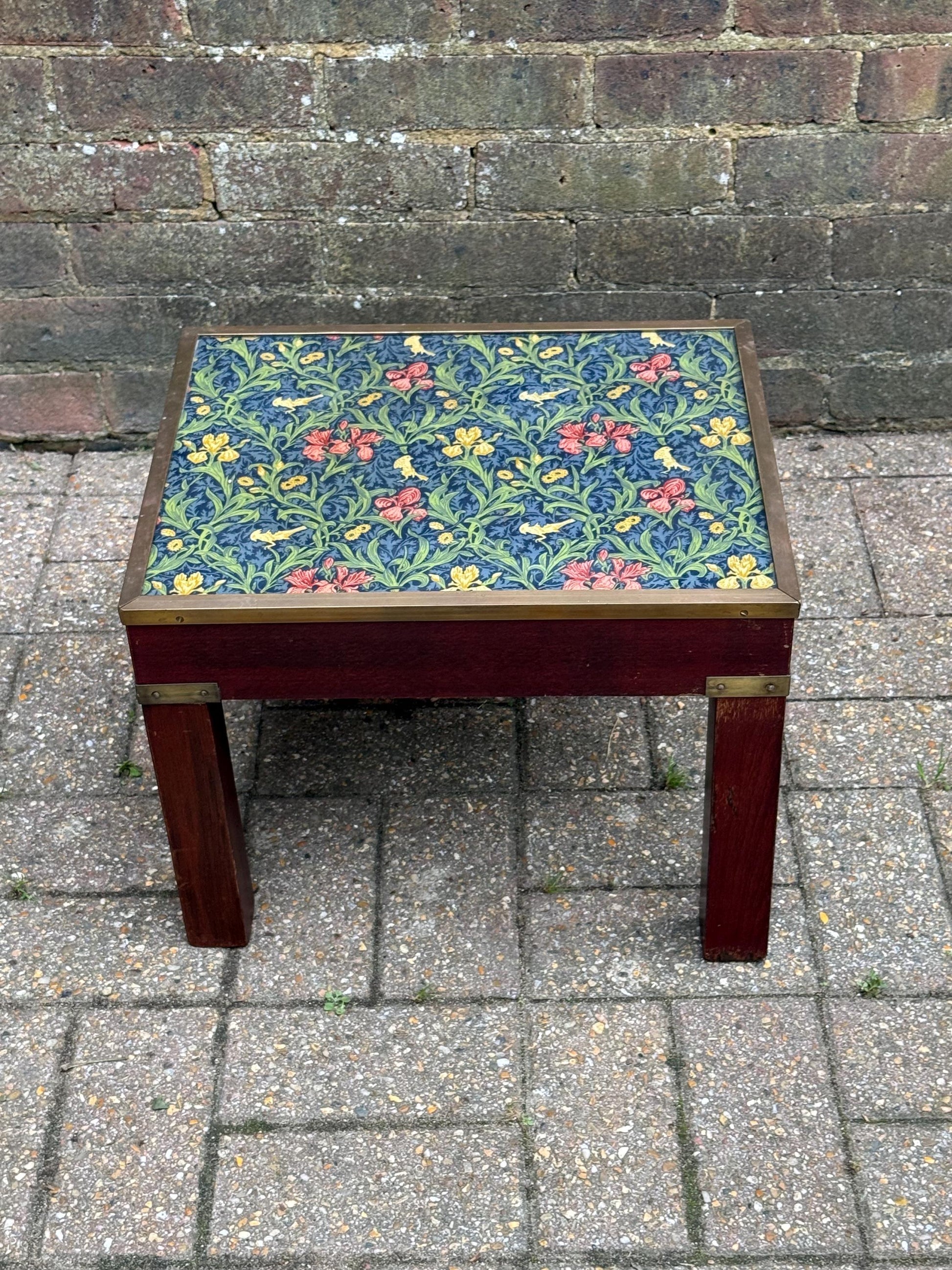 Vintage Hardwood & Brass Side Table with William Morris Floral Under Glass – Retro Accent Table or Plant Stand / Plant Table