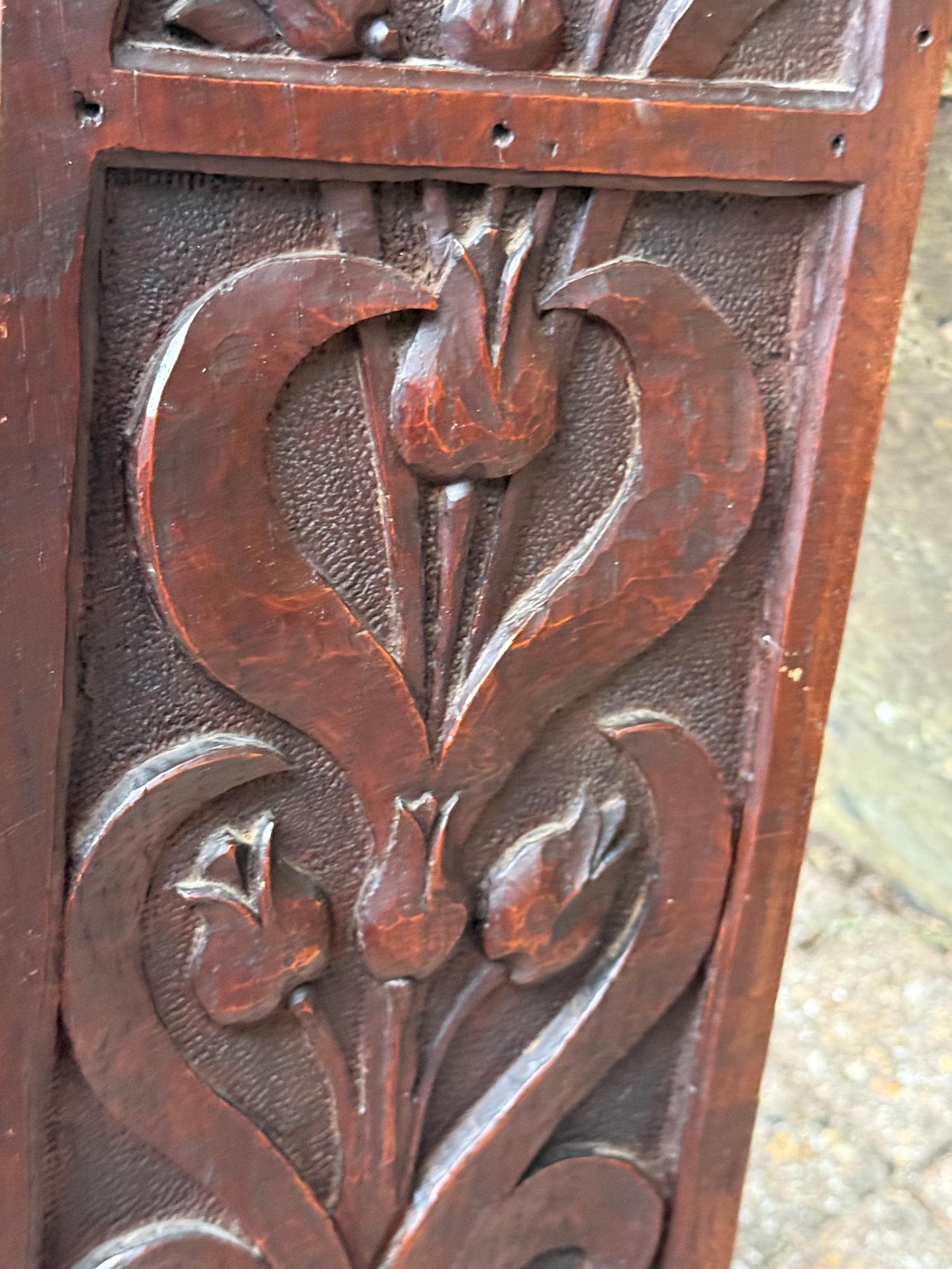 Antique Arts & Crafts Oak Wall Shelf with Hand-Carved Tulip Motif c.1910s English Country House Display Rack, antique wall shelf, oak shelf