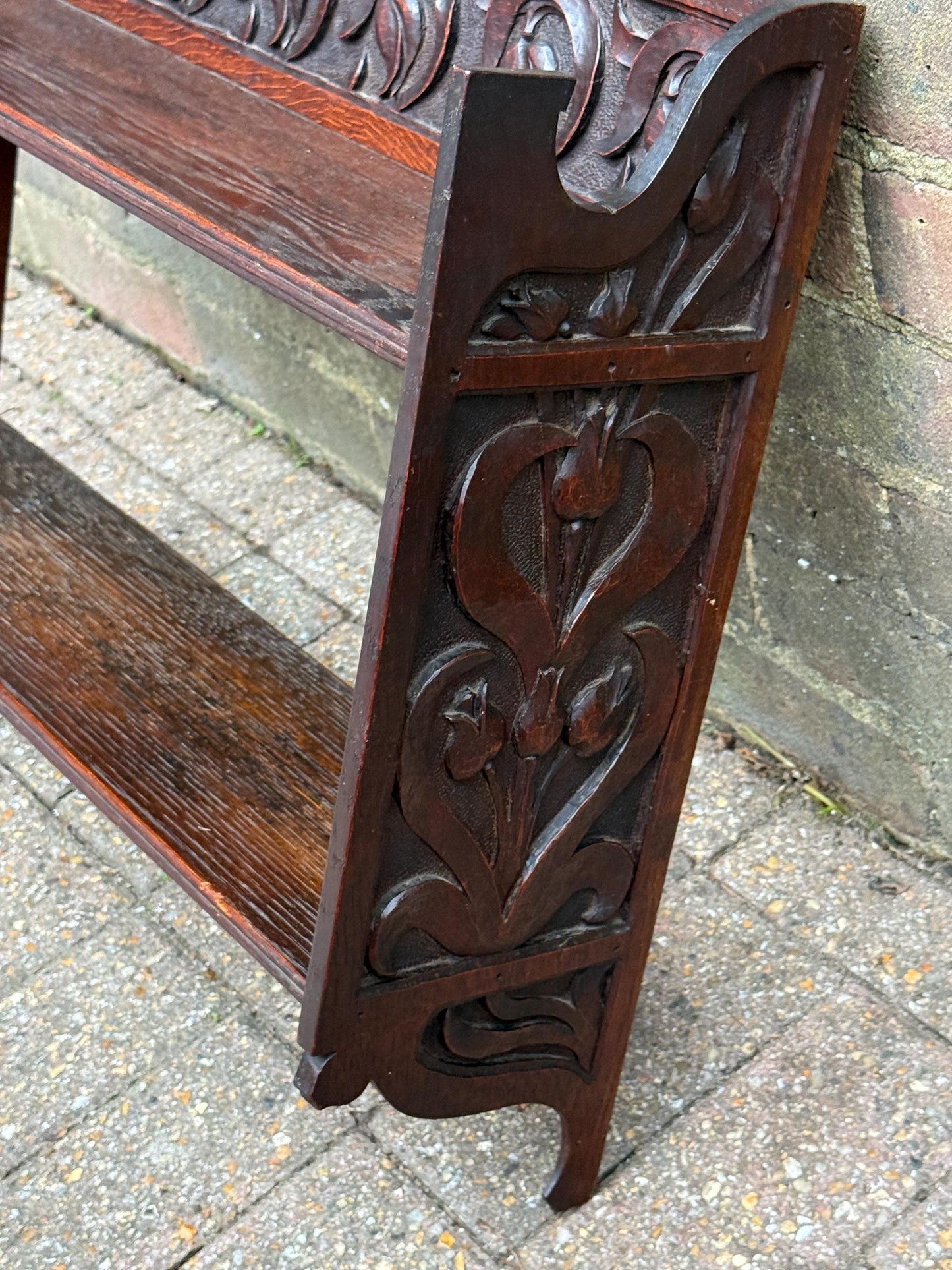 Antique Arts & Crafts Oak Wall Shelf with Hand-Carved Tulip Motif c.1910s English Country House Display Rack, antique wall shelf, oak shelf