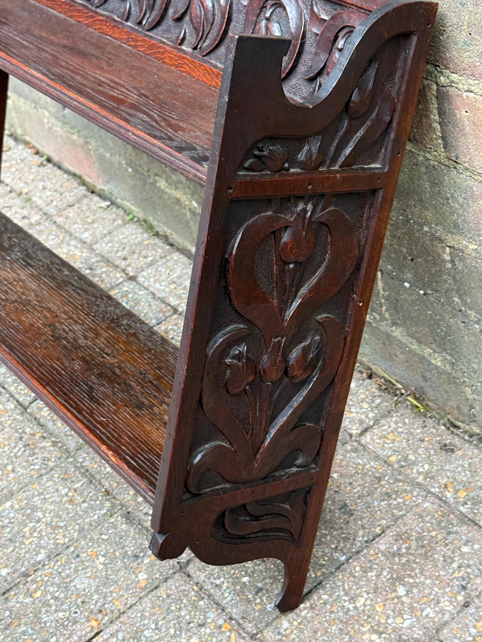 Antique Arts & Crafts Oak Wall Shelf with Hand-Carved Tulip Motif c.1910s English Country House Display Rack, antique wall shelf, oak shelf