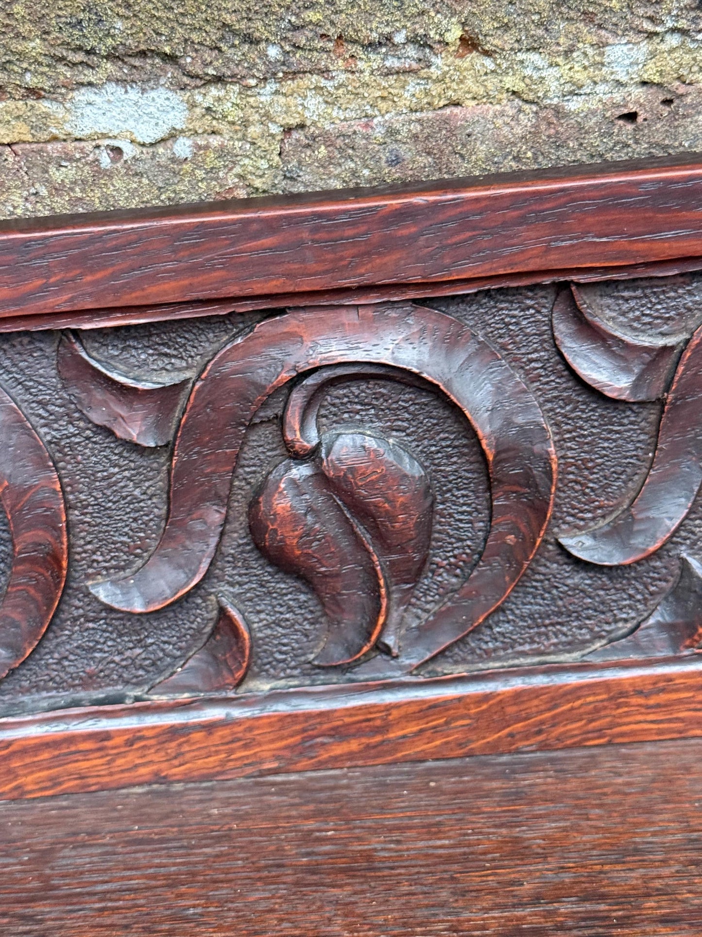 Antique Arts & Crafts Oak Wall Shelf with Hand-Carved Tulip Motif c.1910s English Country House Display Rack, antique wall shelf, oak shelf