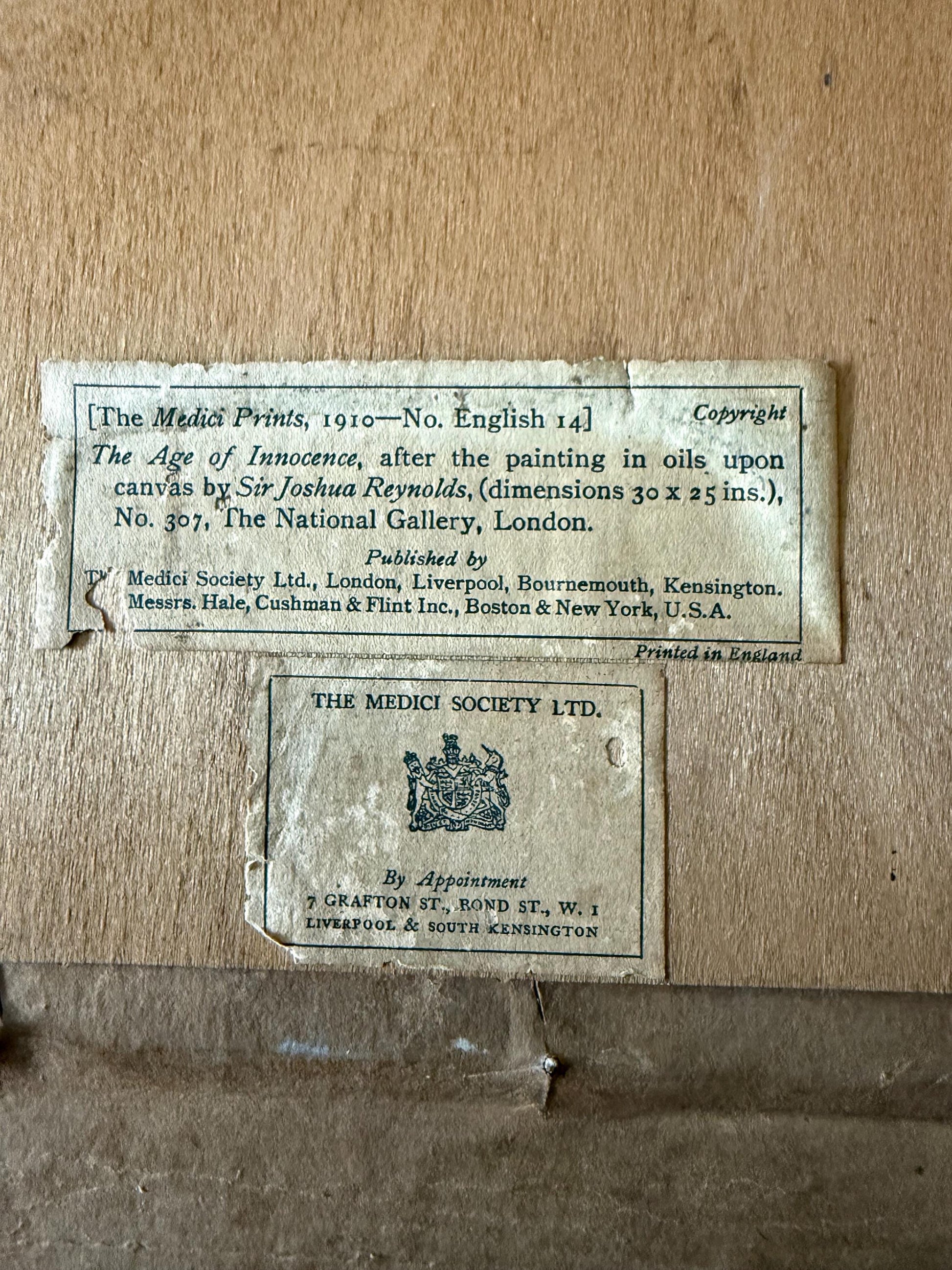 1920s Original Medici Print in Frame of The Age of Innocence by Joshua Reynolds (1723-1792)