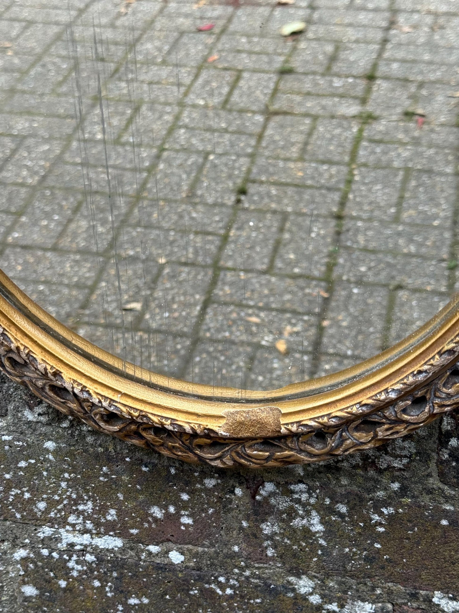 Pretty Vintage Gold Oval Mirror, small gold mirror, shabby chic finish.