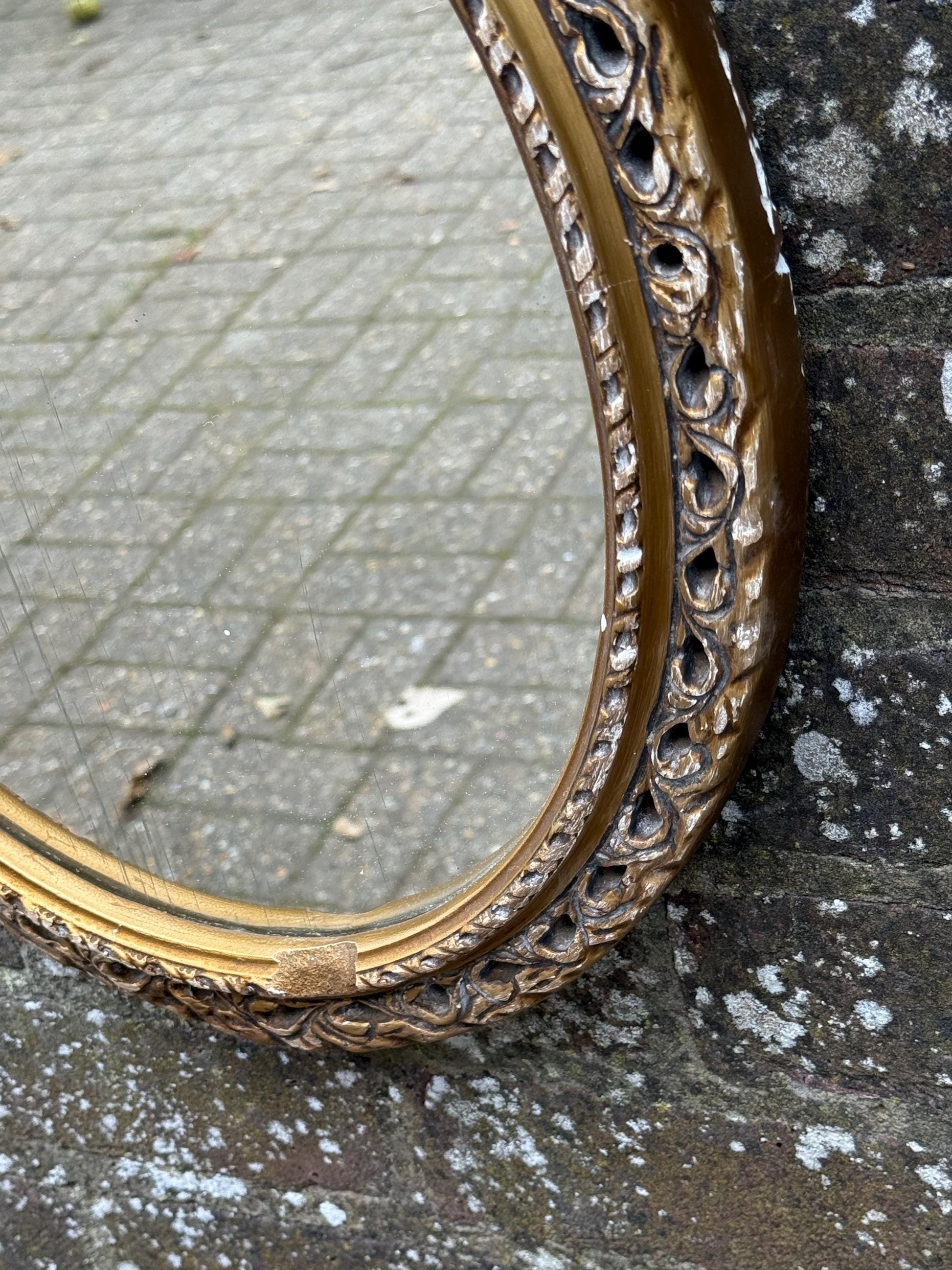 Pretty Vintage Gold Oval Mirror, small gold mirror, shabby chic finish.