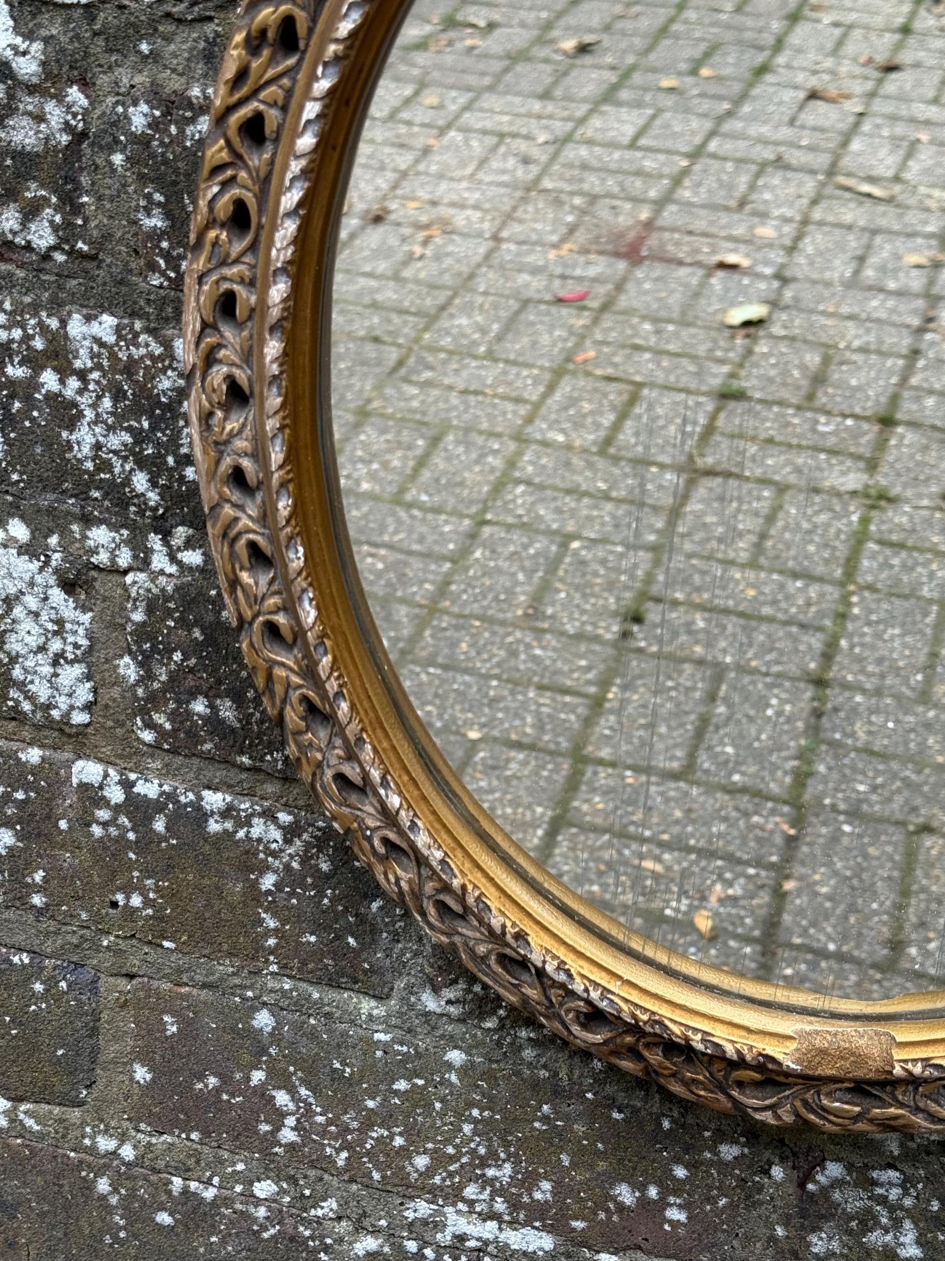 Pretty Vintage Gold Oval Mirror, small gold mirror, shabby chic finish.