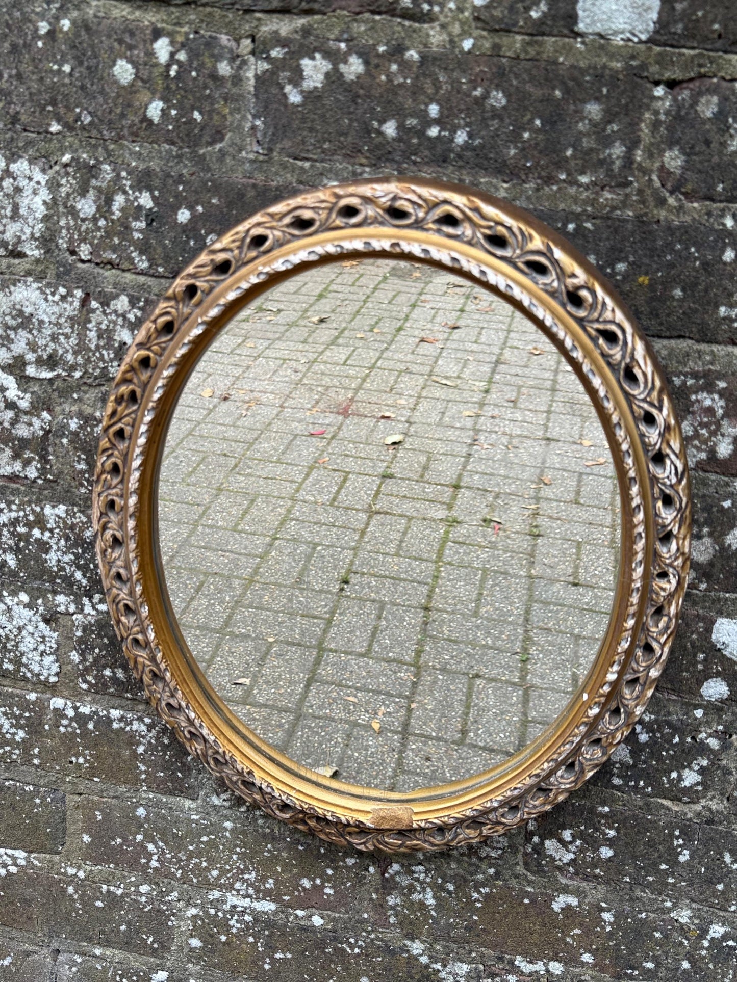 Pretty Vintage Gold Oval Mirror, small gold mirror, shabby chic finish.