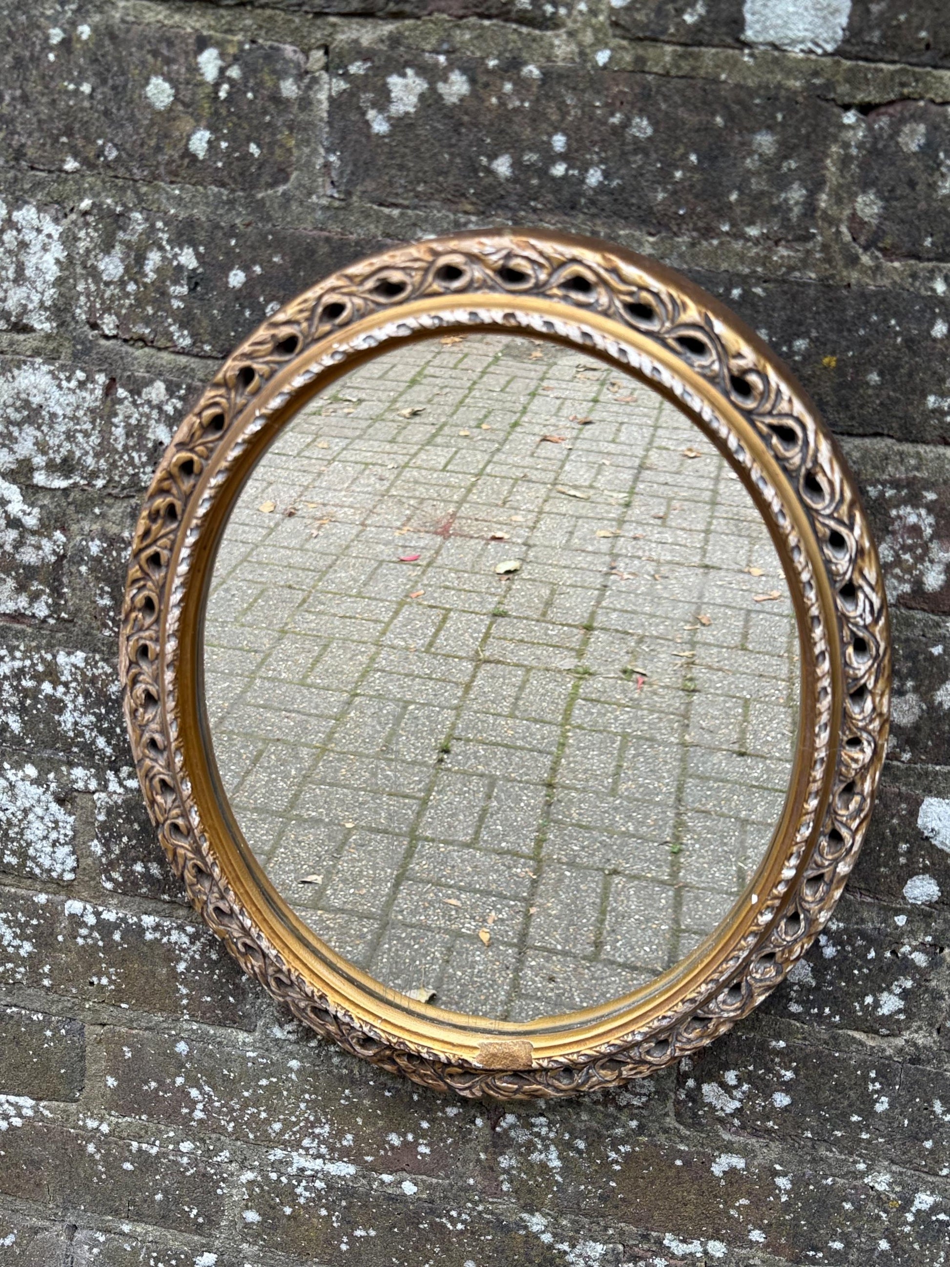 Pretty Vintage Gold Oval Mirror, small gold mirror, shabby chic finish.