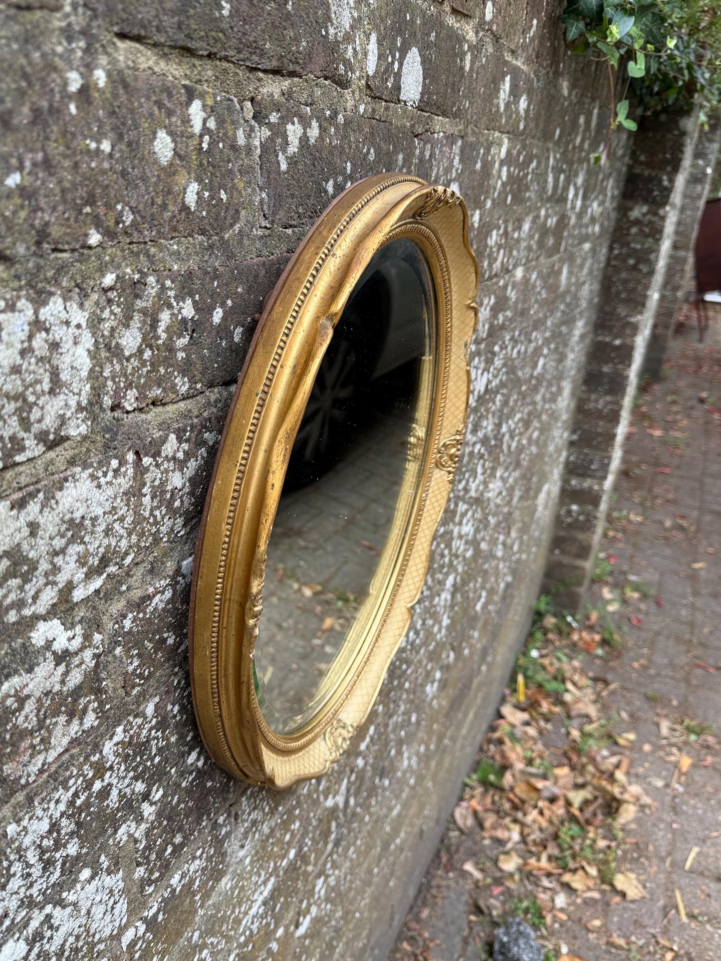 Gorgeous retro vintage mirror in cream and gold, Regency Style - small oval mirror
