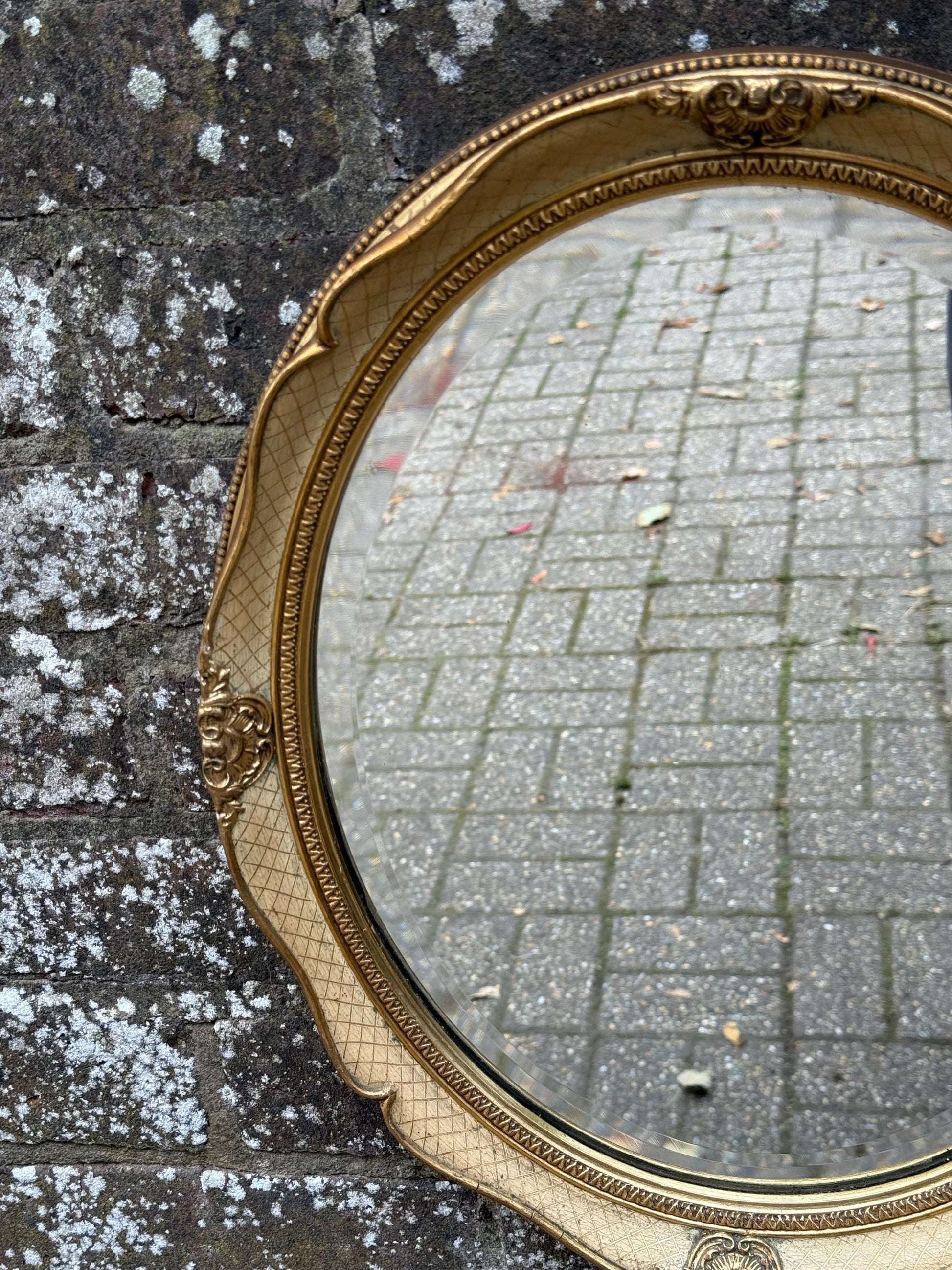 Gorgeous retro vintage mirror in cream and gold, Regency Style - small oval mirror