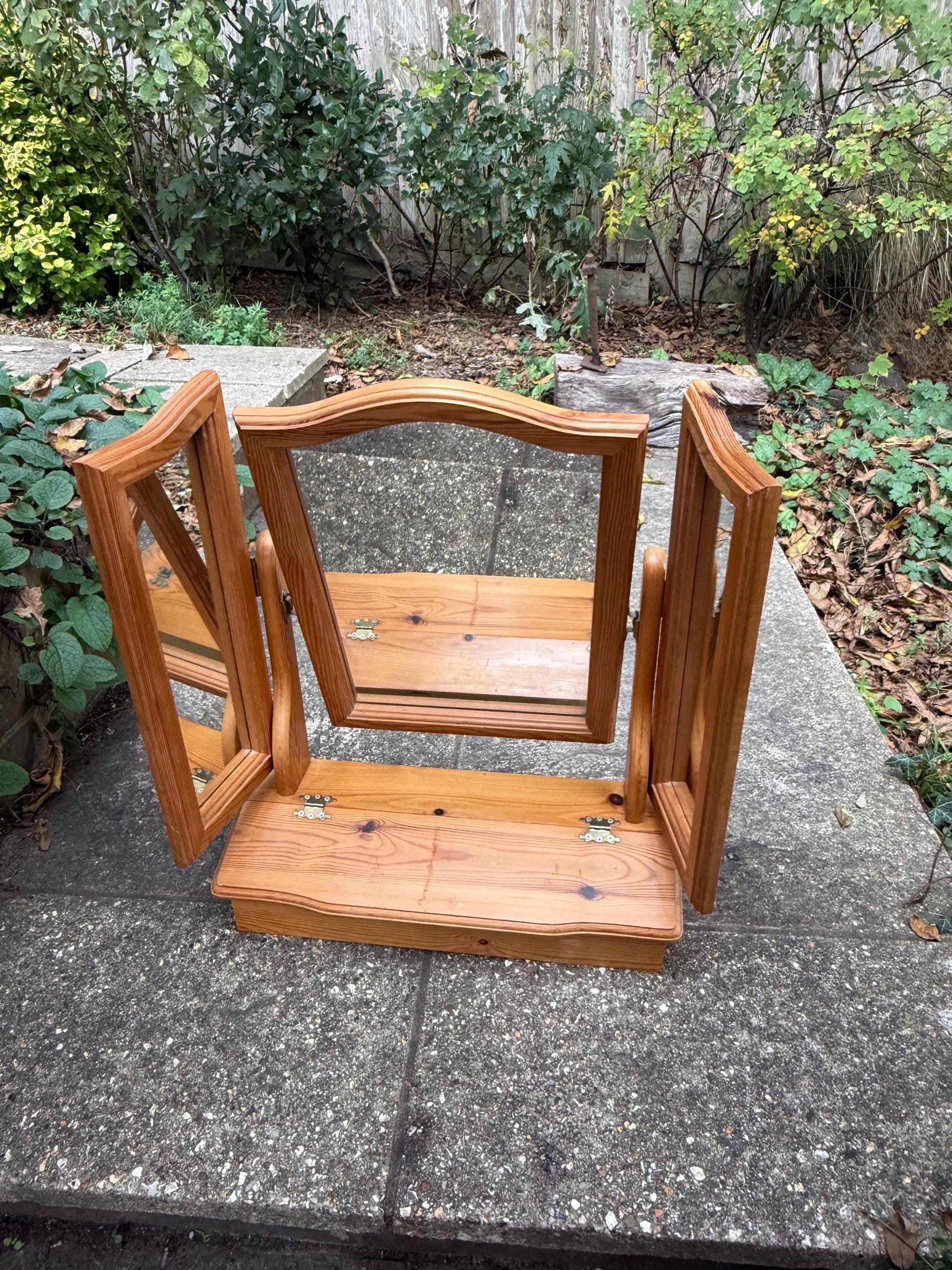 Vintage Pine Triple Vanity Mirror with Drawer – 1980s Country Cottage Dressing Table Mirror, quality vaniuty mirror with drawer