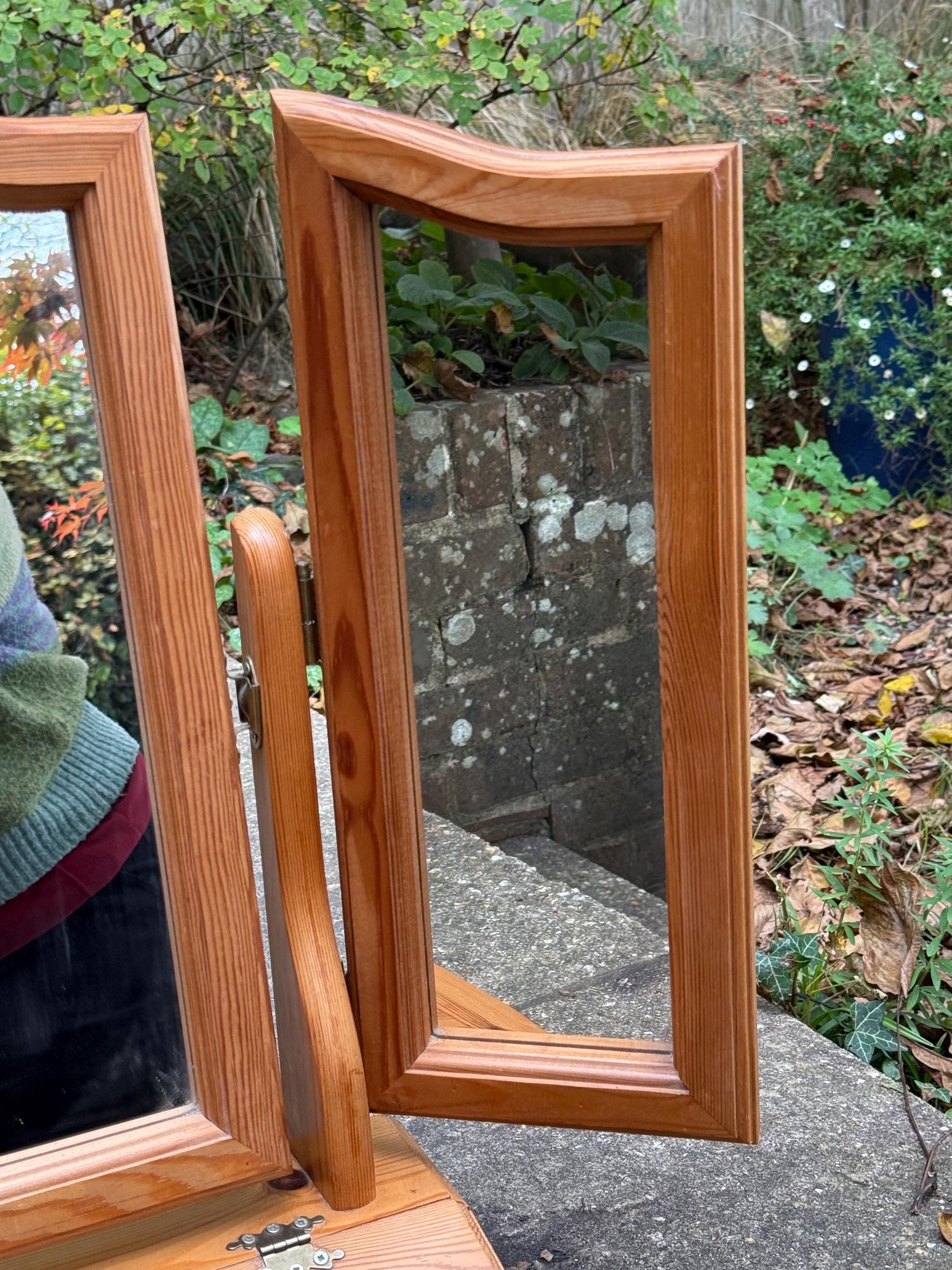 Vintage Pine Triple Vanity Mirror with Drawer – 1980s Country Cottage Dressing Table Mirror, quality vaniuty mirror with drawer