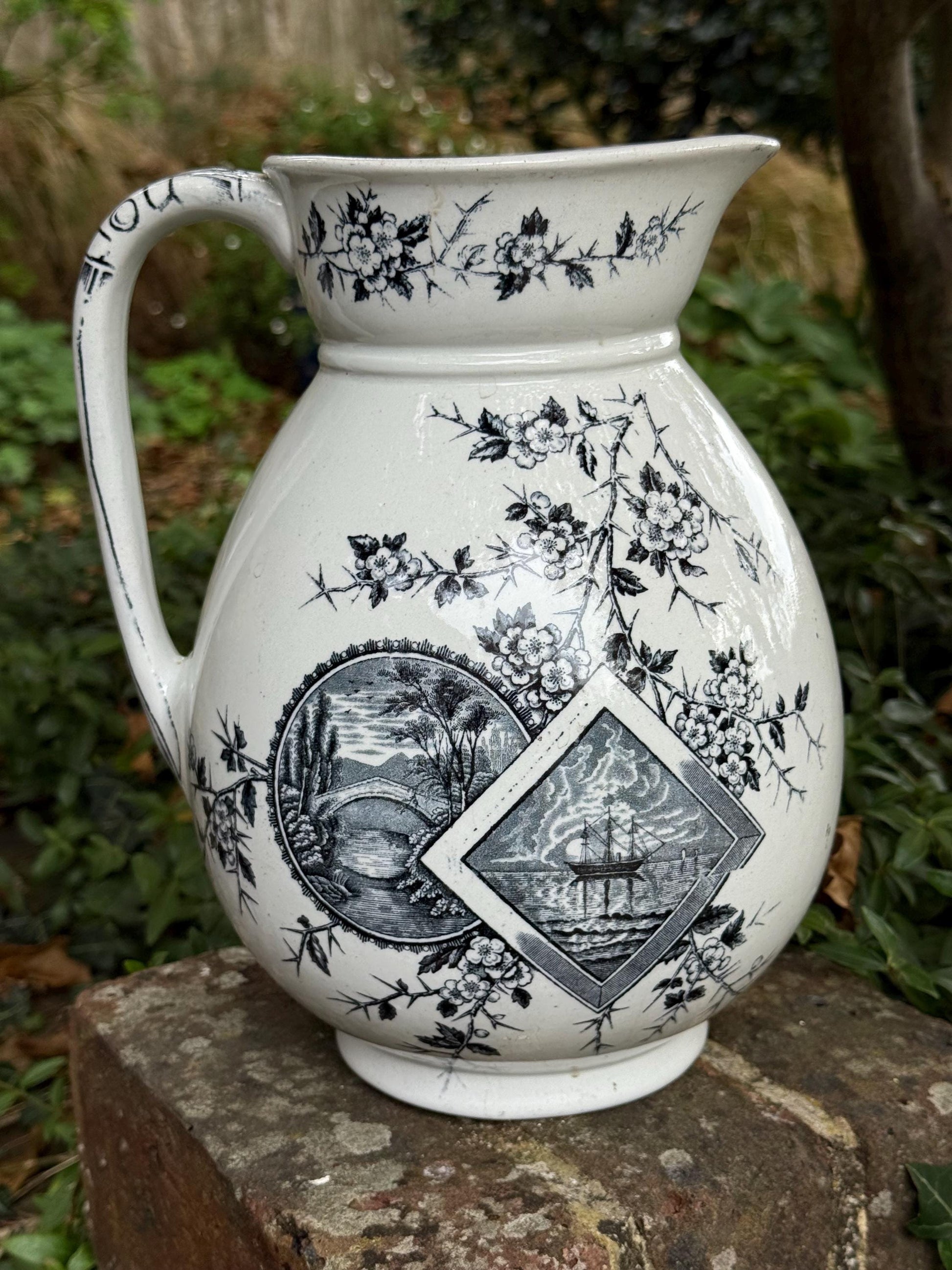 Large Antique c 1880s Pottery Jug/Vase - white pottery with Black Transfer Prints - Americana with Baltimore stamped on underside. Americana