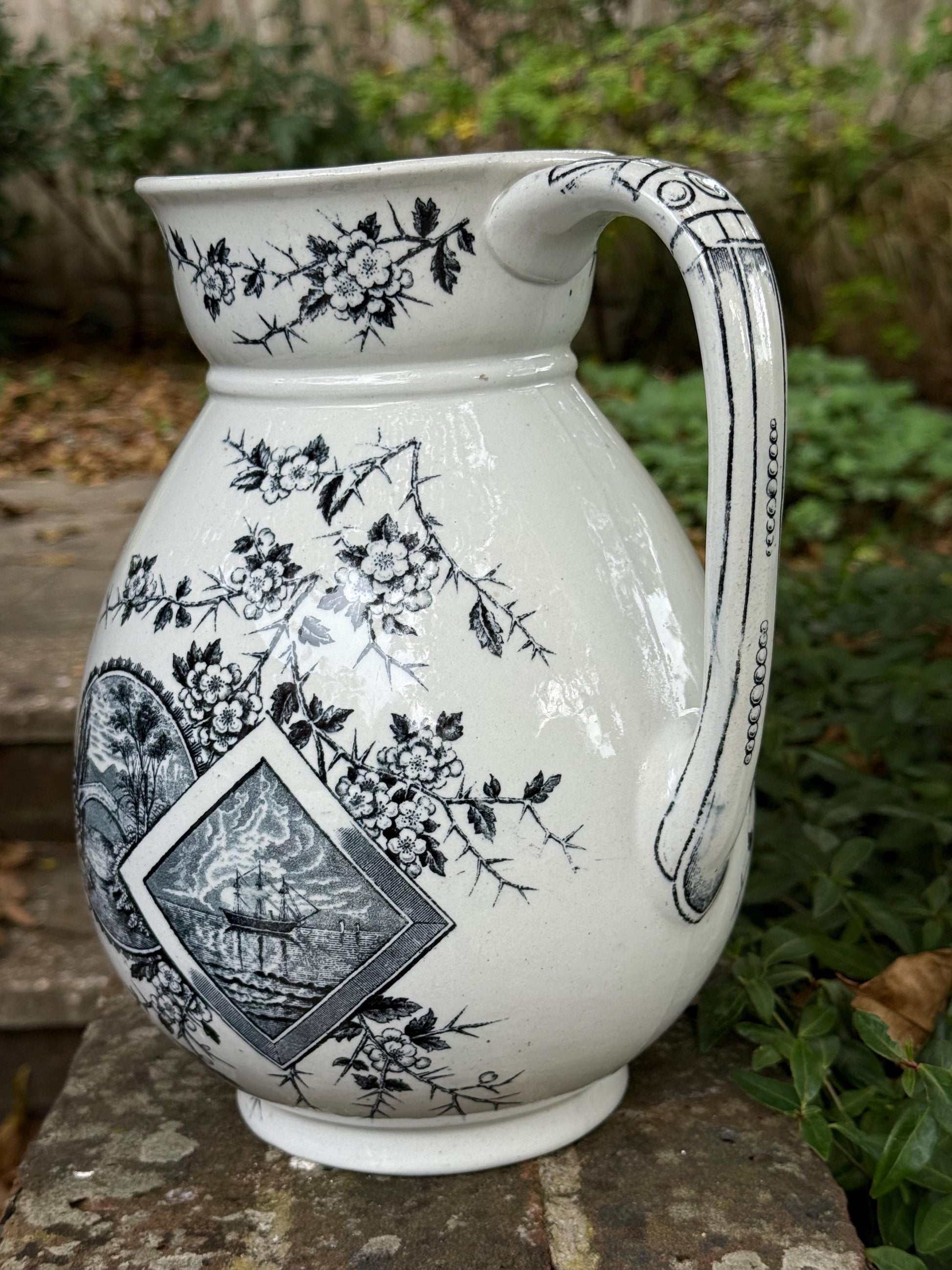 Large Antique c 1880s Pottery Jug/Vase - white pottery with Black Transfer Prints - Americana with Baltimore stamped on underside. Americana