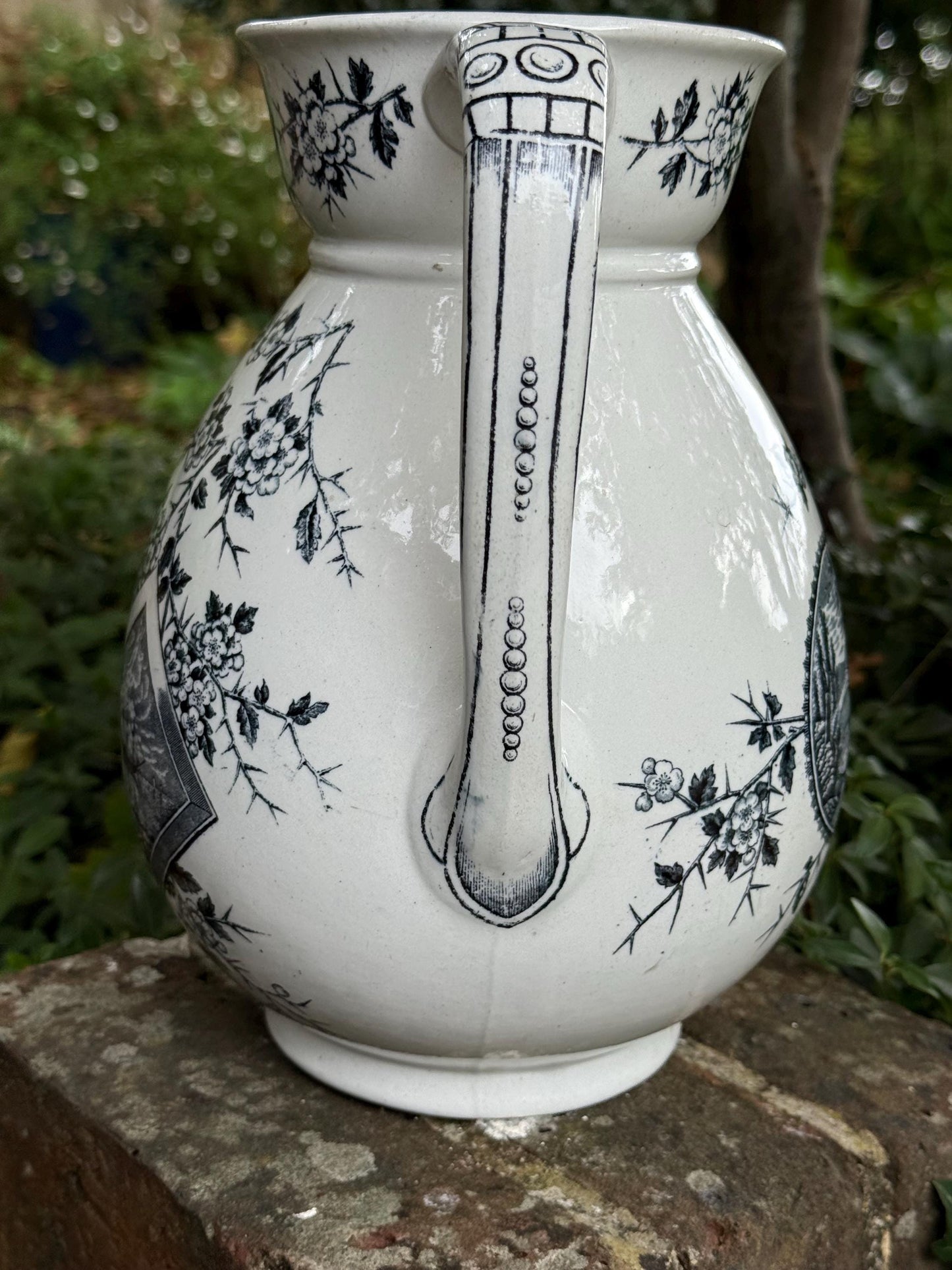 Large Antique c 1880s Pottery Jug/Vase - white pottery with Black Transfer Prints - Americana with Baltimore stamped on underside. Americana