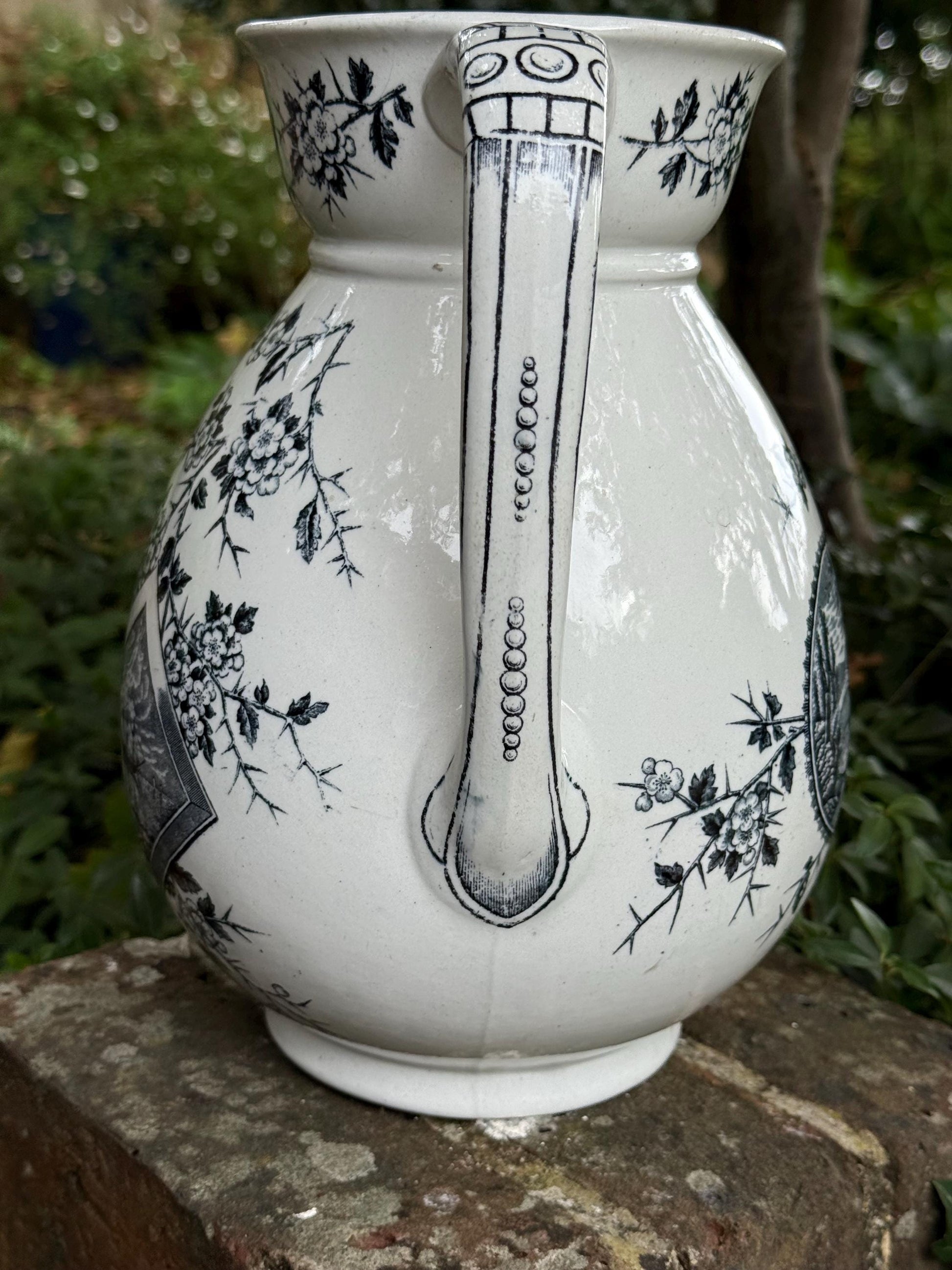 Large Antique c 1880s Pottery Jug/Vase - white pottery with Black Transfer Prints - Americana with Baltimore stamped on underside. Americana