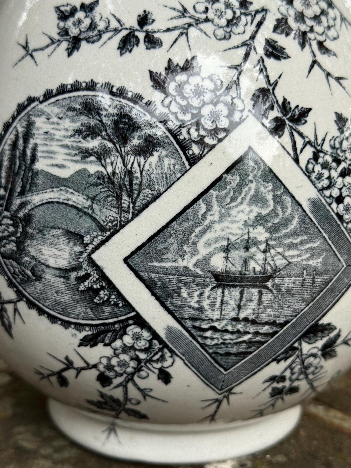 Large Antique c 1880s Pottery Jug/Vase - white pottery with Black Transfer Prints - Americana with Baltimore stamped on underside. Americana