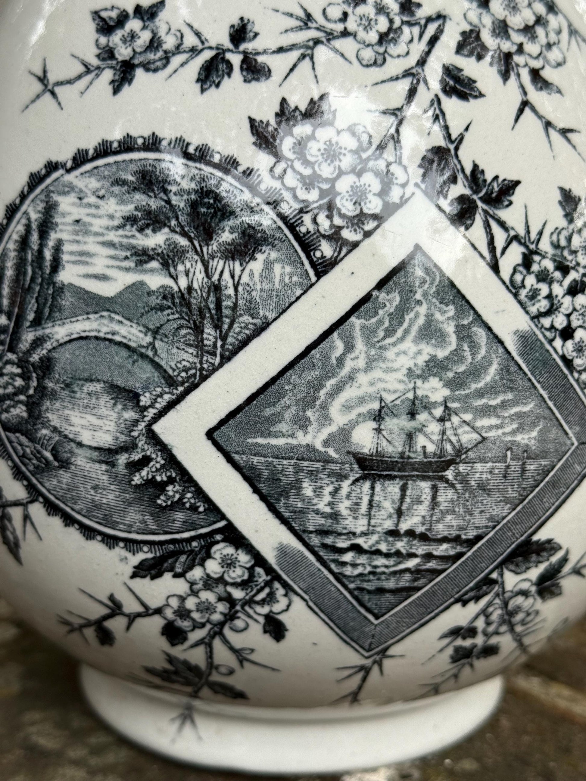 Large Antique c 1880s Pottery Jug/Vase - white pottery with Black Transfer Prints - Americana with Baltimore stamped on underside. Americana