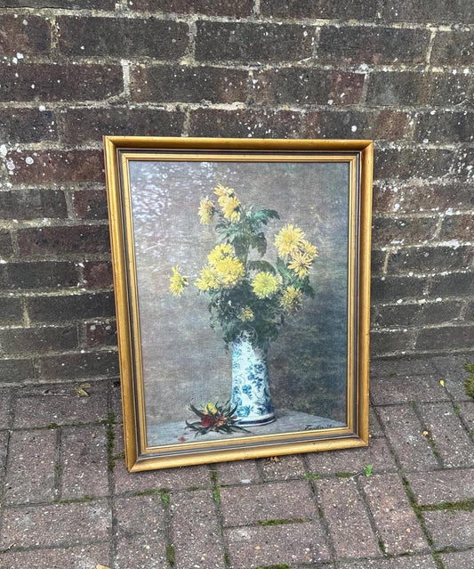 Mid Century Quality Framed Print of Henri Fantin Latour (1836-1904) Yellow Flower Still Life, Chrysanthemums in a Vase