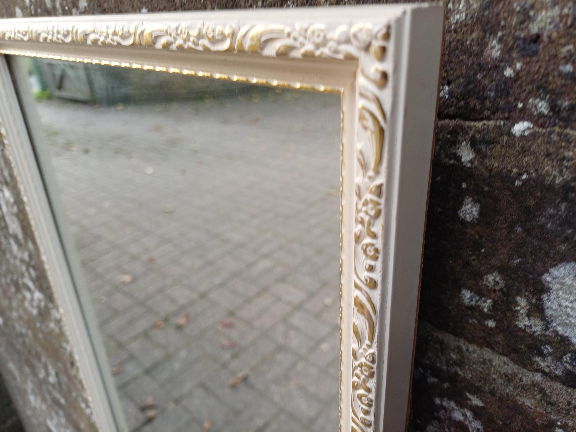 Vintage 1950s/60s Rectangular Wall Mirror – Cream Gesso Frame, Bevelled Glass, Mid Century Shabby Chic Hall or Bedroom Decor