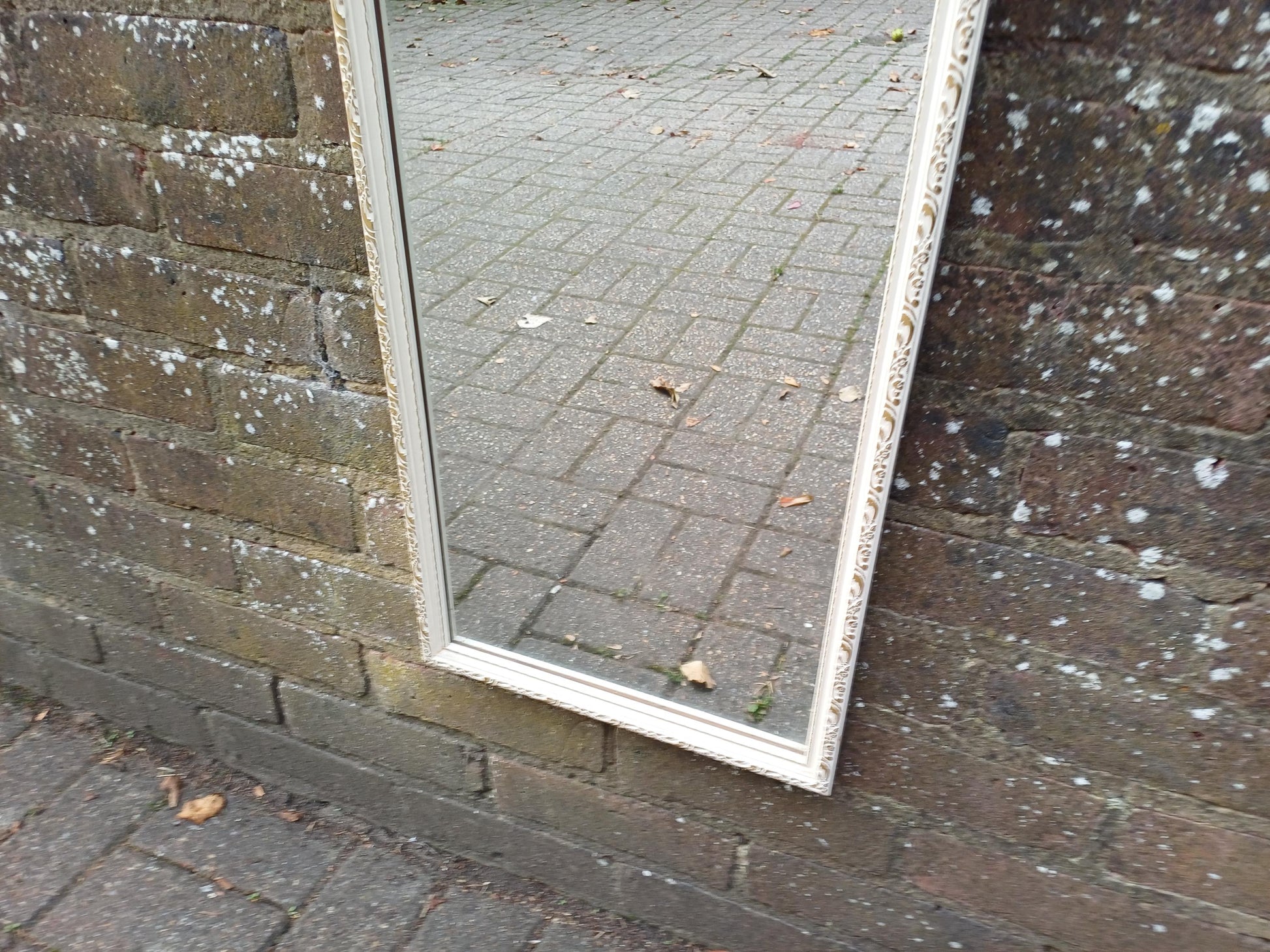 Vintage 1950s/60s Rectangular Wall Mirror – Cream Gesso Frame, Bevelled Glass, Mid Century Shabby Chic Hall or Bedroom Decor