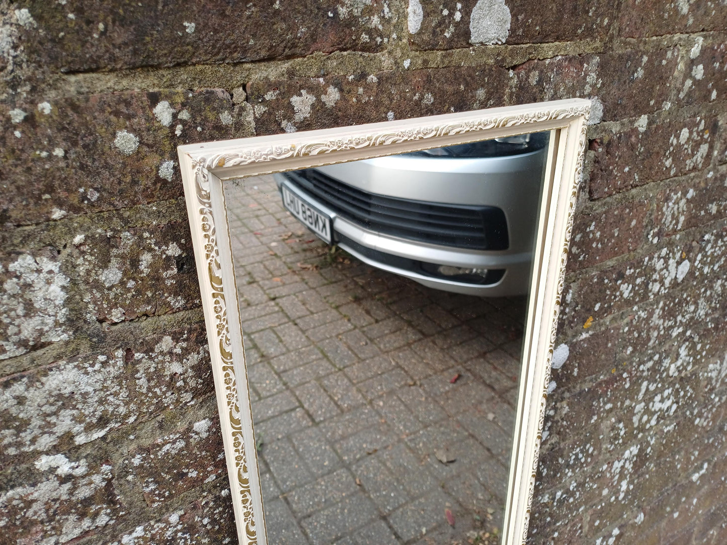 Vintage 1950s/60s Rectangular Wall Mirror – Cream Gesso Frame, Bevelled Glass, Mid Century Shabby Chic Hall or Bedroom Decor