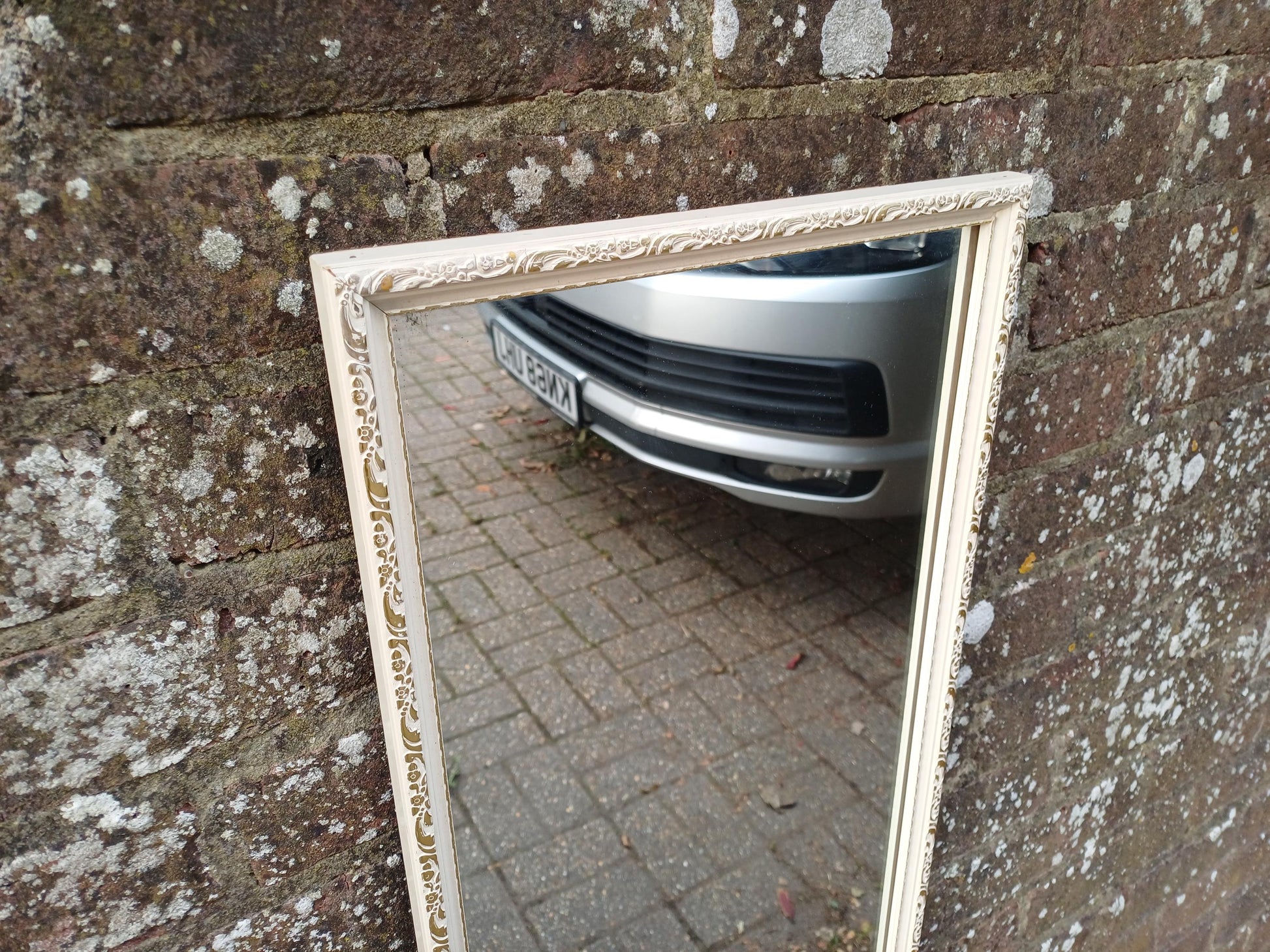 Vintage 1950s/60s Rectangular Wall Mirror – Cream Gesso Frame, Bevelled Glass, Mid Century Shabby Chic Hall or Bedroom Decor