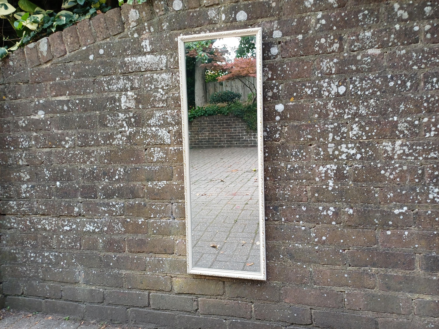 Vintage 1950s/60s Rectangular Wall Mirror – Cream Gesso Frame, Bevelled Glass, Mid Century Shabby Chic Hall or Bedroom Decor