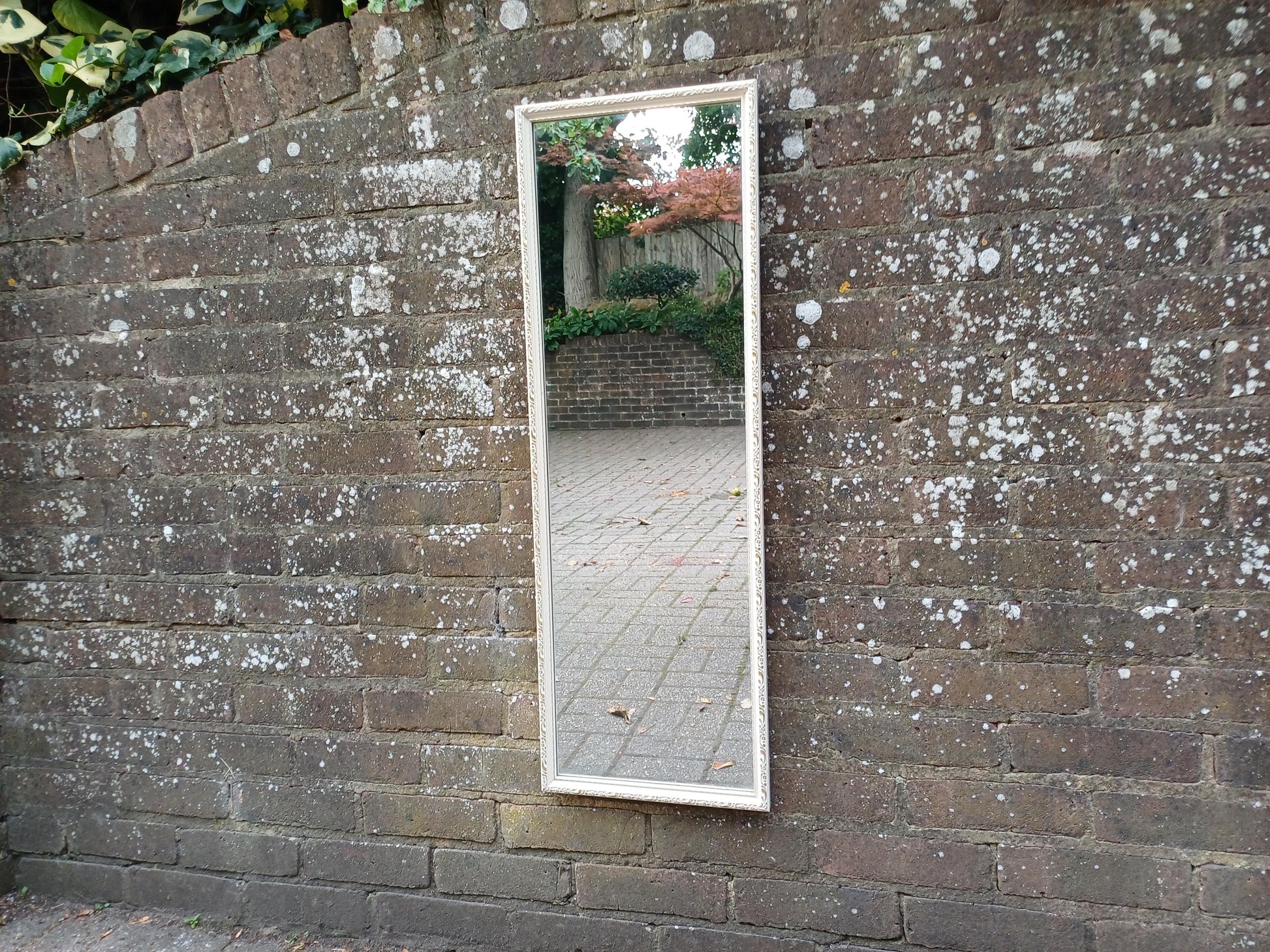 Vintage 1950s/60s Rectangular Wall Mirror – Cream Gesso Frame, Bevelled Glass, Mid Century Shabby Chic Hall or Bedroom Decor