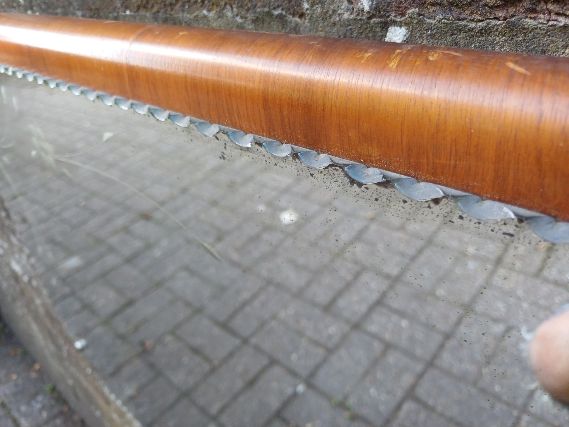 1930s Art Deco Etched Wall Mirror, Vintage Scalloped Bevelled Glass with Walnut Veneer Frame and Original Chain