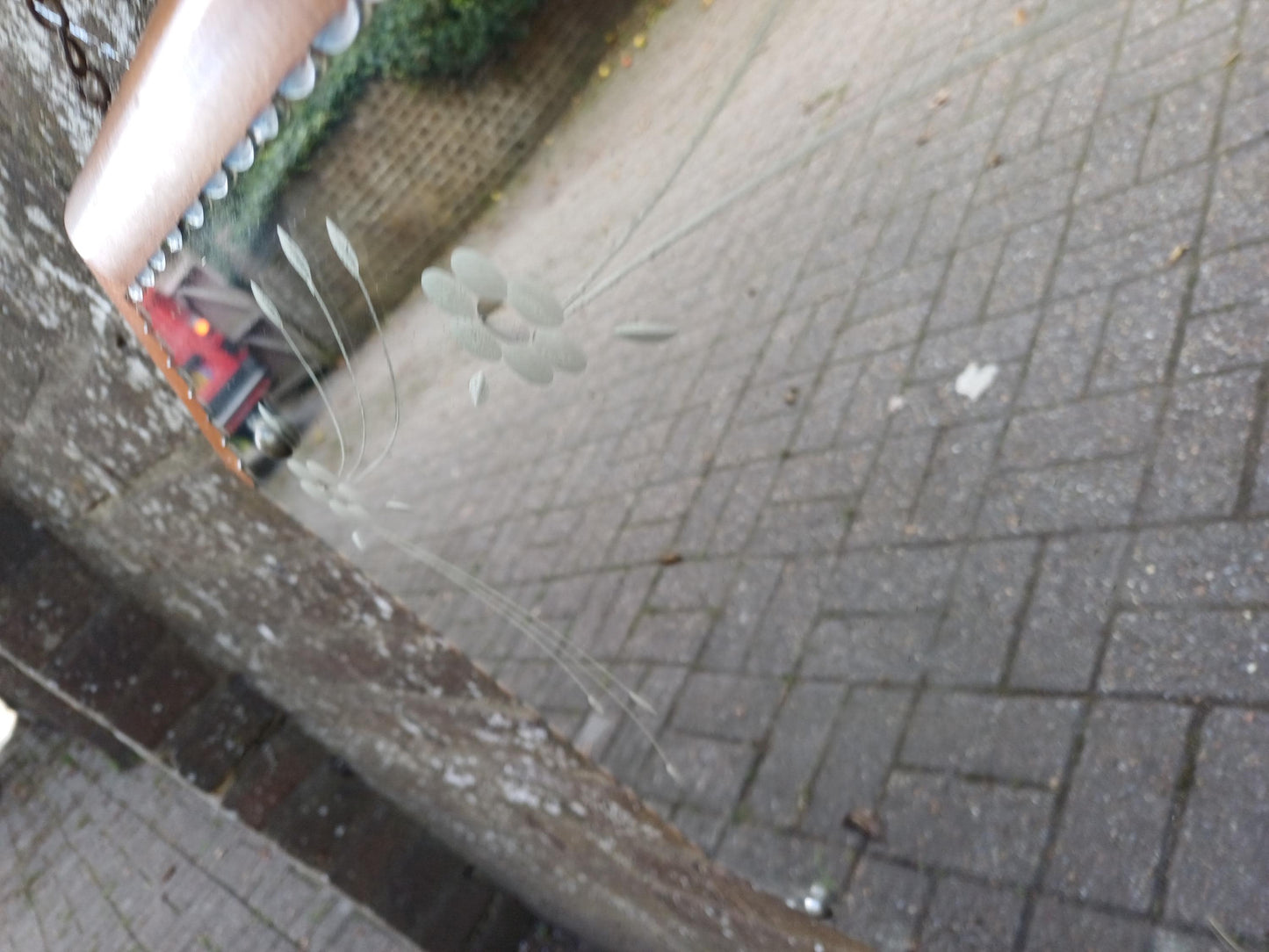 1930s Art Deco Etched Wall Mirror, Vintage Scalloped Bevelled Glass with Walnut Veneer Frame and Original Chain