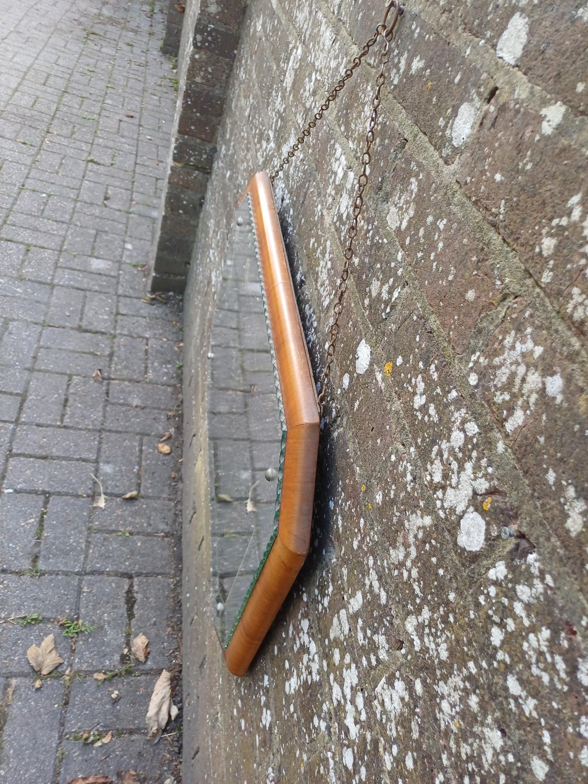 1930s Art Deco Etched Wall Mirror, Vintage Scalloped Bevelled Glass with Walnut Veneer Frame and Original Chain
