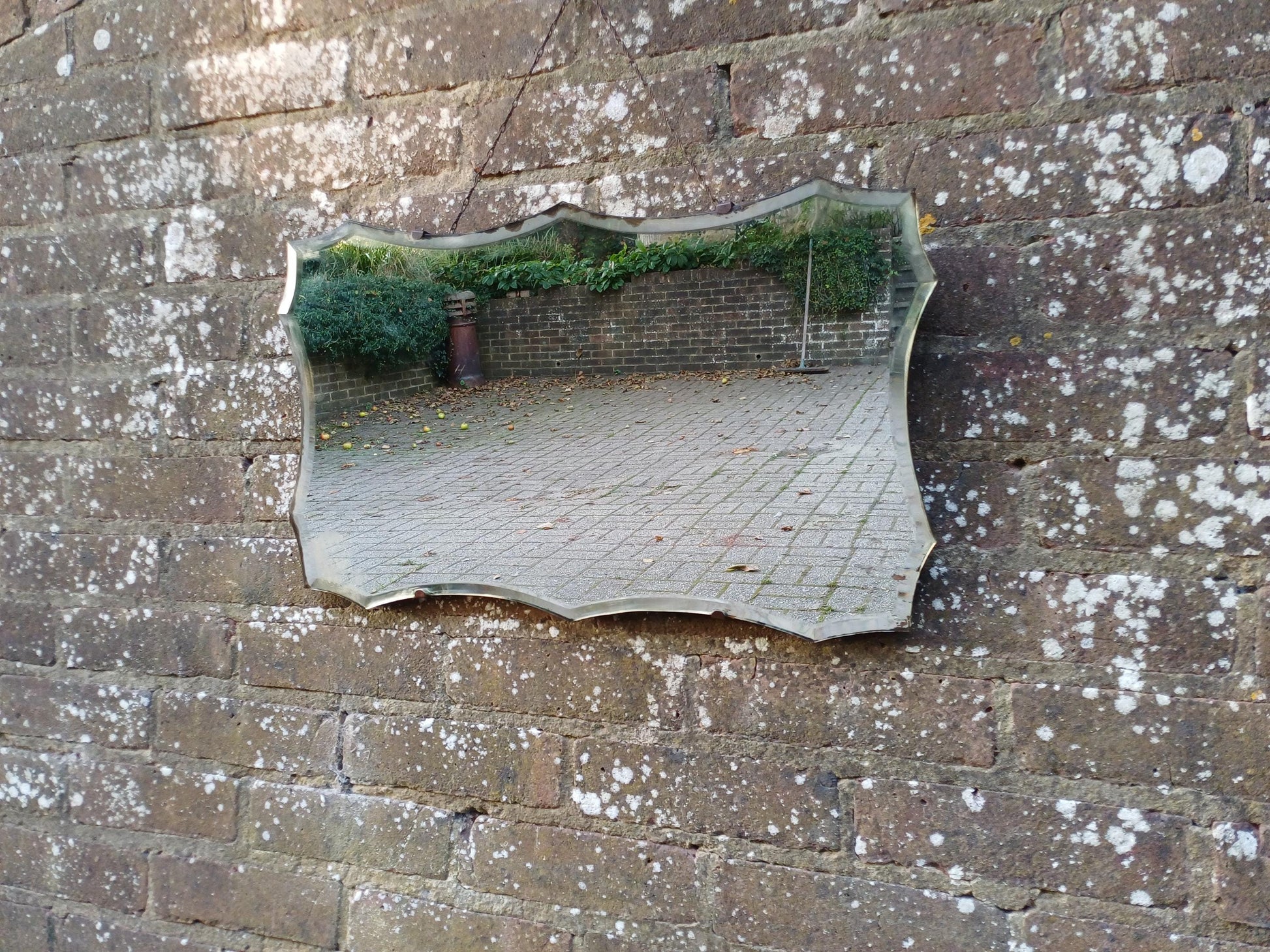 Original 1930s/50s Art Deco Frameless Wall Mirror, Vintage Bevelled Glass Mirror with Chain, Authentic Retro Mid-Century Style