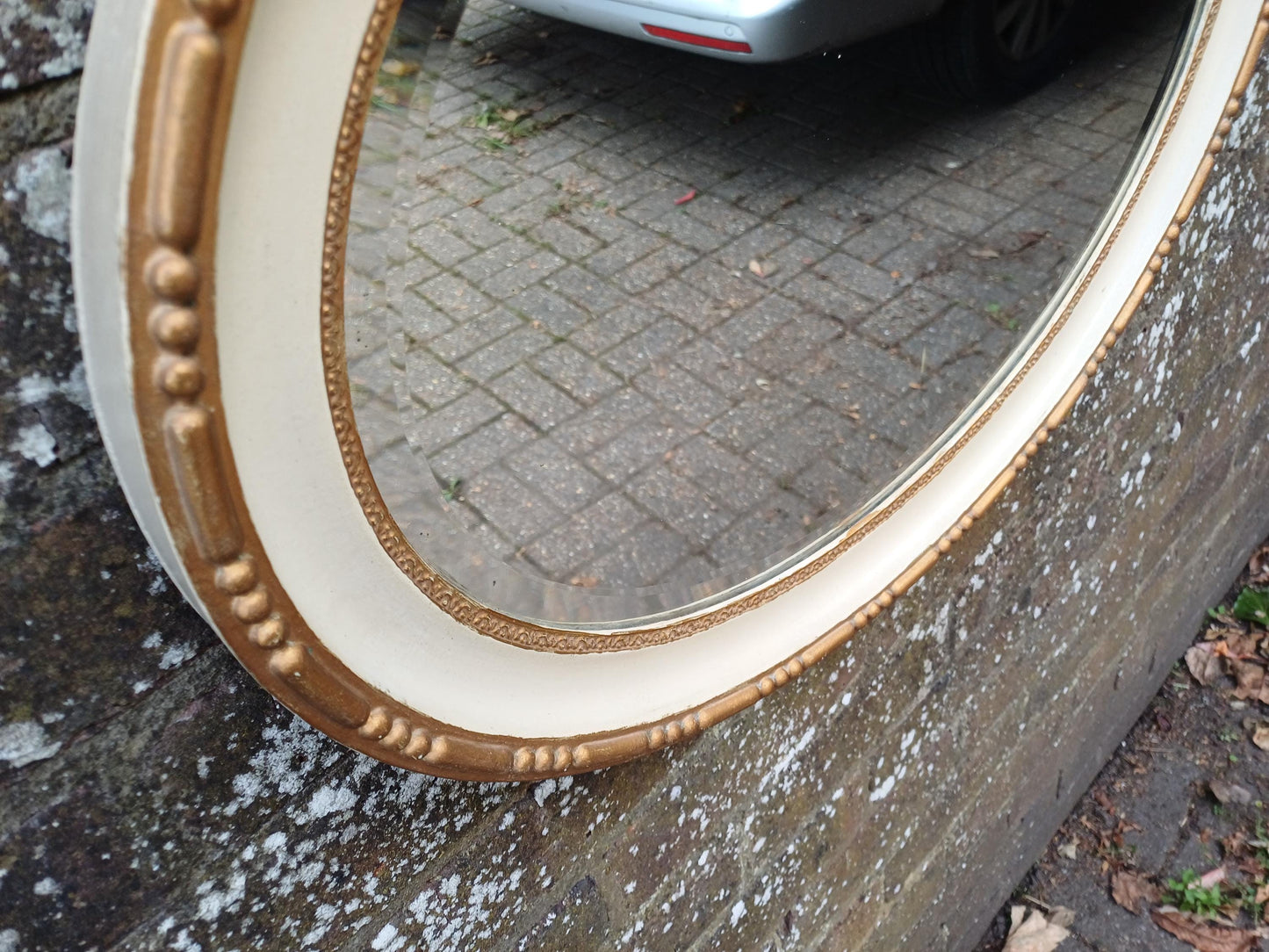 1930s Oval Cream & Gold Gilt Wall Mirror – Vintage Bevelled Glass Mirror, Antique French Cottagecore Shabby Chic Home Decor