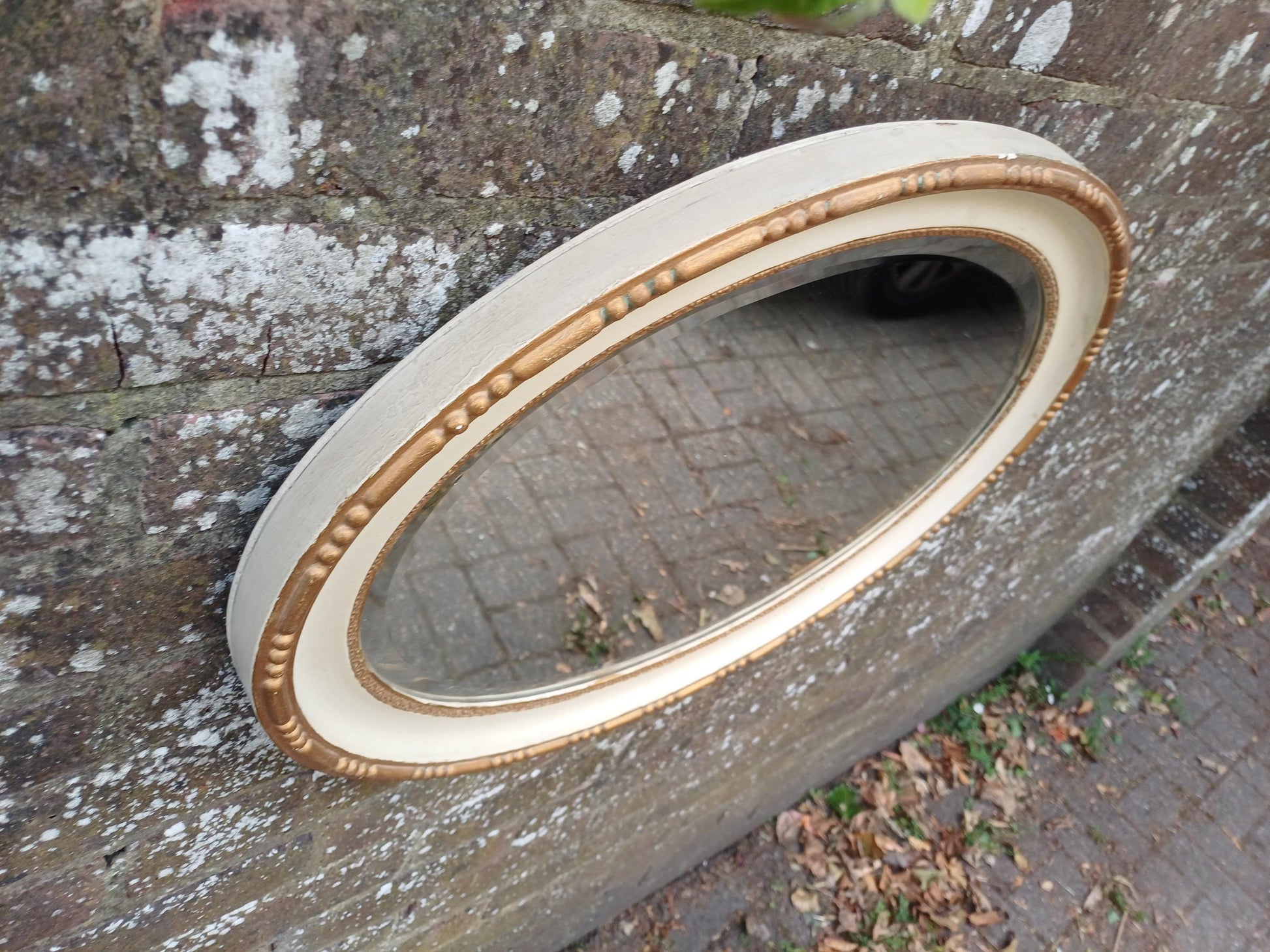 1930s Oval Cream & Gold Gilt Wall Mirror – Vintage Bevelled Glass Mirror, Antique French Cottagecore Shabby Chic Home Decor
