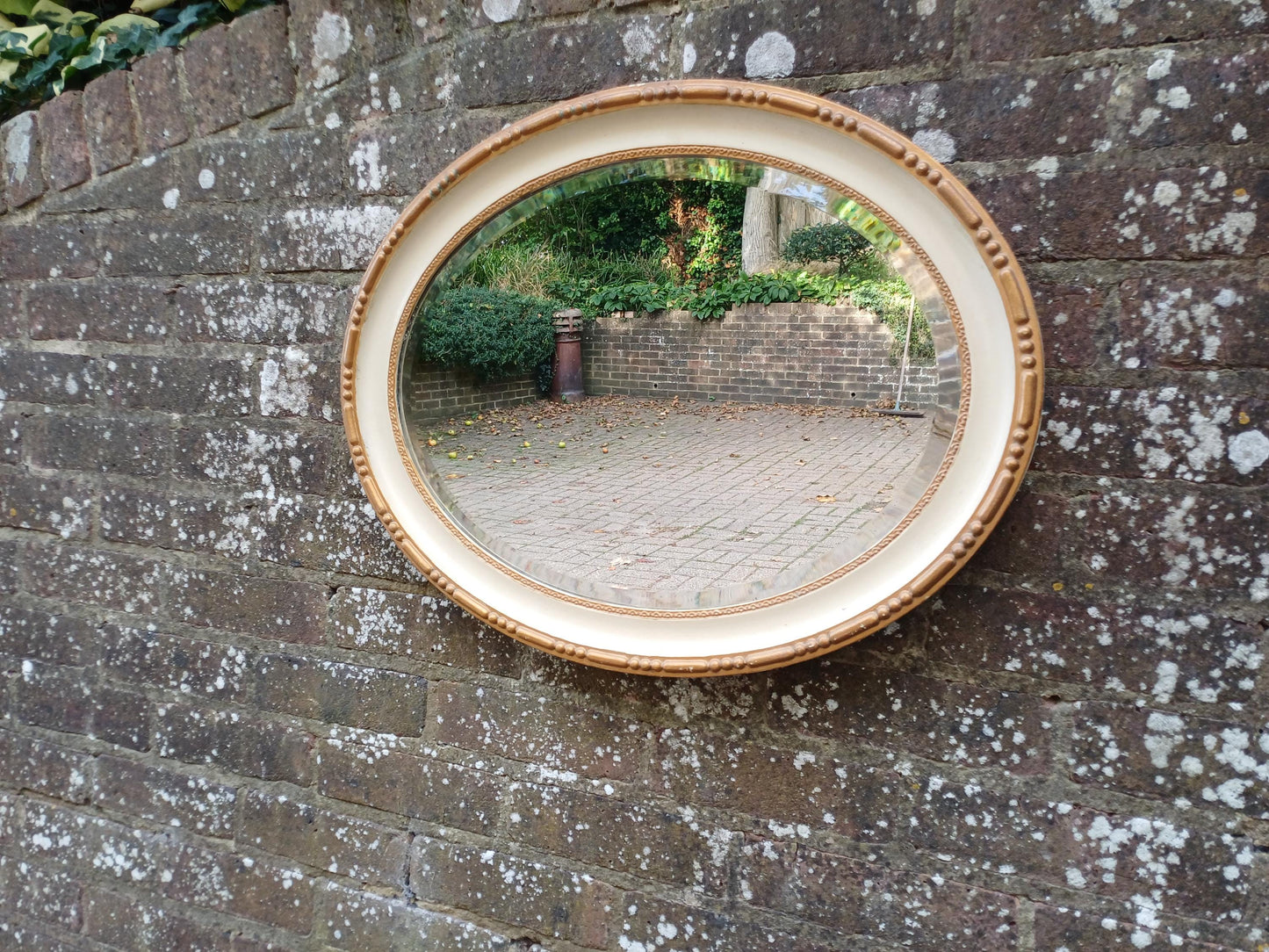 1930s Oval Cream & Gold Gilt Wall Mirror – Vintage Bevelled Glass Mirror, Antique French Cottagecore Shabby Chic Home Decor