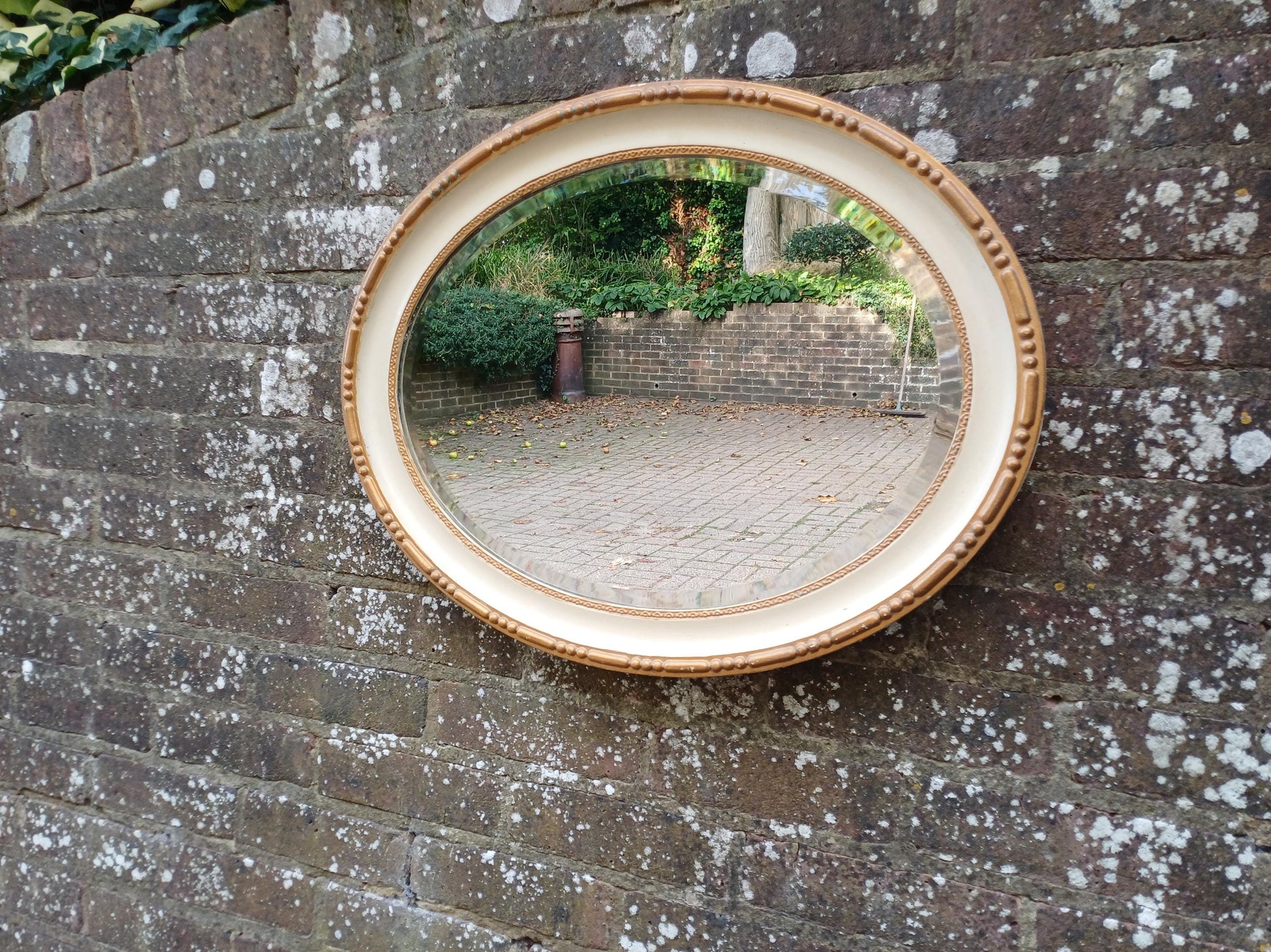 1930s Oval Cream & Gold Gilt Wall Mirror – Vintage Bevelled Glass Mirror, Antique French Cottagecore Shabby Chic Home Decor