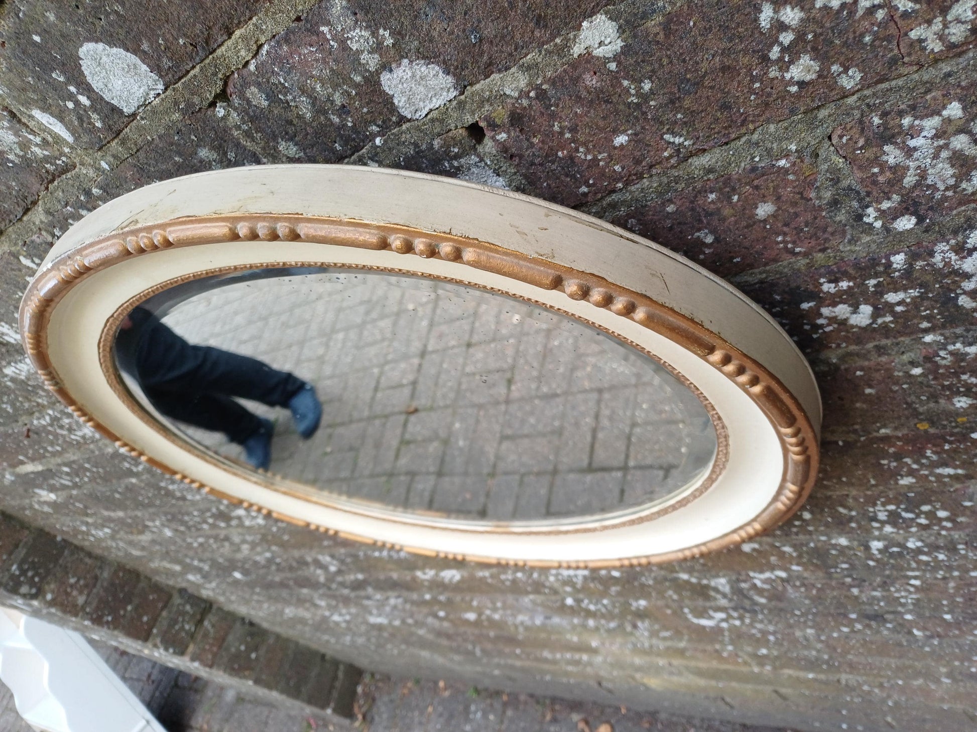 1930s Oval Cream & Gold Gilt Wall Mirror – Vintage Bevelled Glass Mirror, Antique French Cottagecore Shabby Chic Home Decor