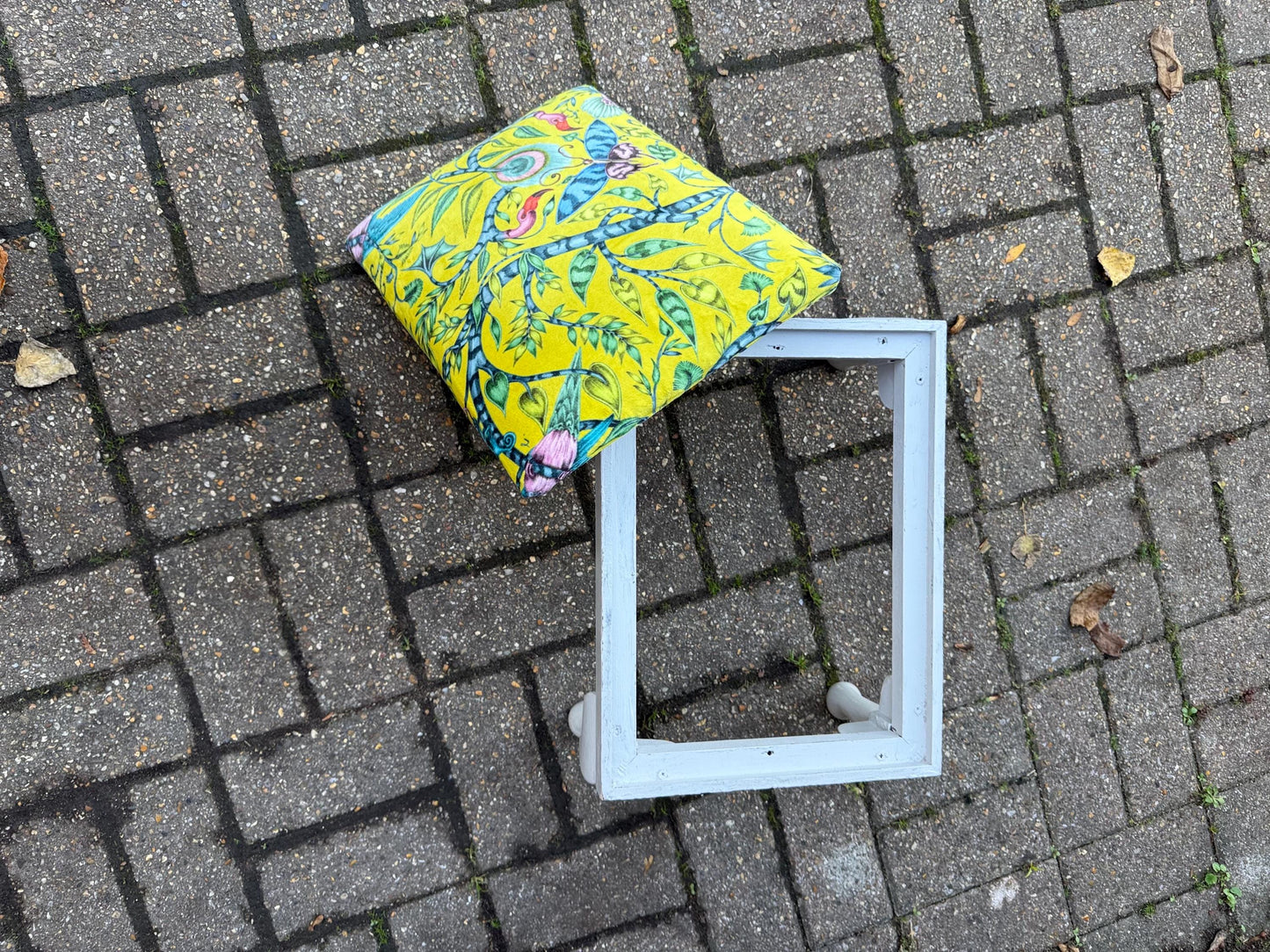 Vintage Reupholstered Footstool with William Morris Style Fabric – Yellow Green Botanical Print Ottoman / Painted Cabriole Leg Stool