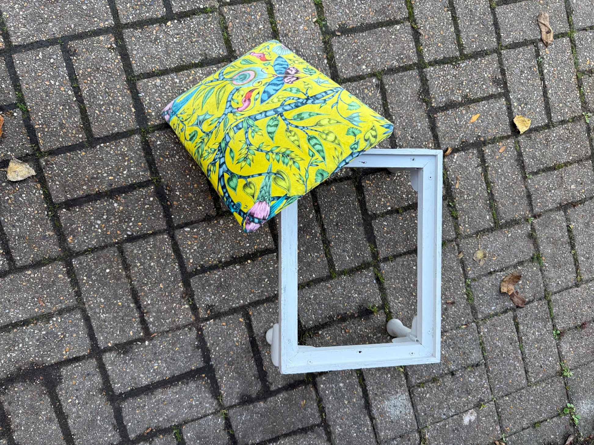 Vintage Reupholstered Footstool with William Morris Style Fabric – Yellow Green Botanical Print Ottoman / Painted Cabriole Leg Stool