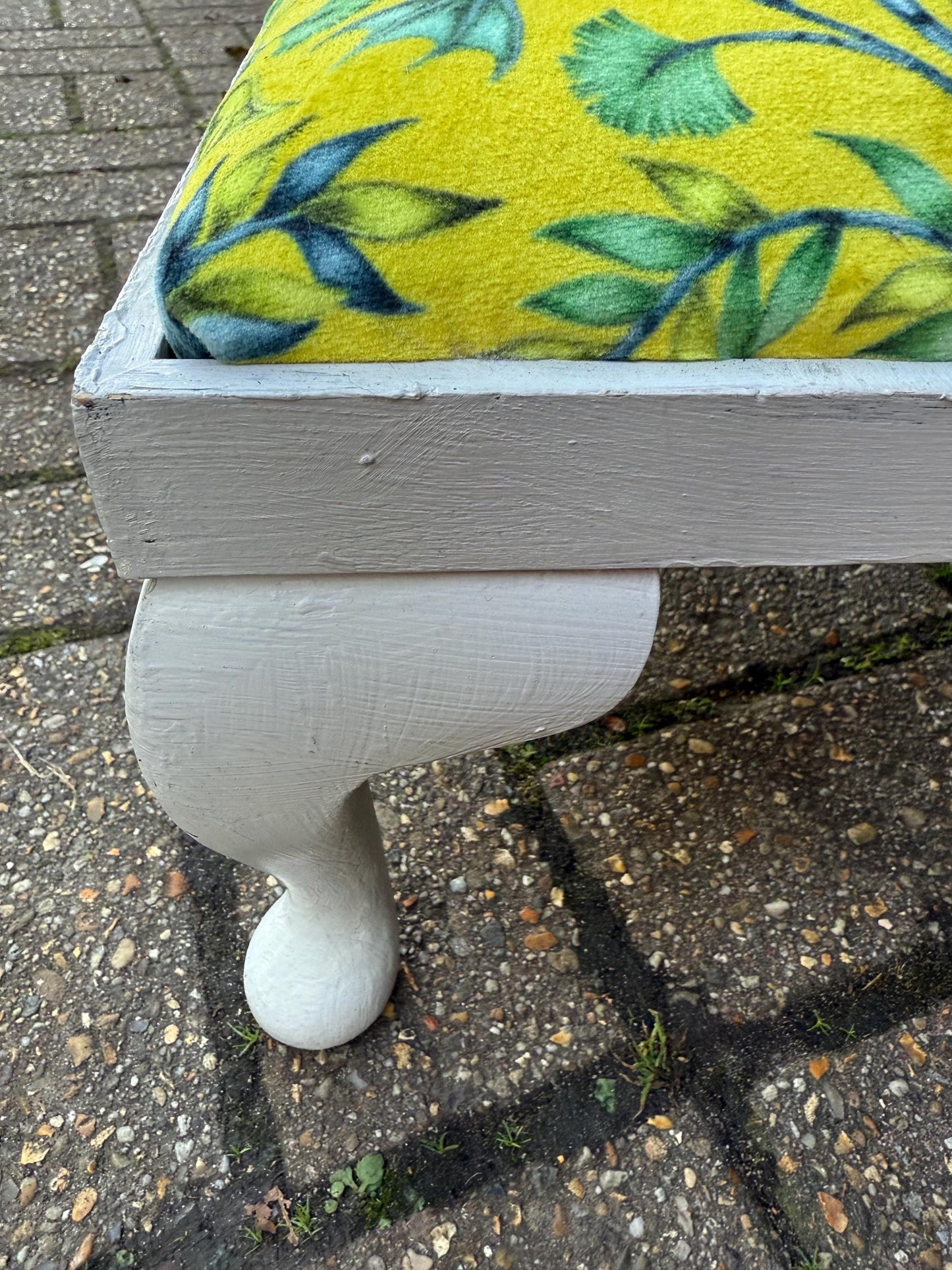 Vintage Reupholstered Footstool with William Morris Style Fabric – Yellow Green Botanical Print Ottoman / Painted Cabriole Leg Stool