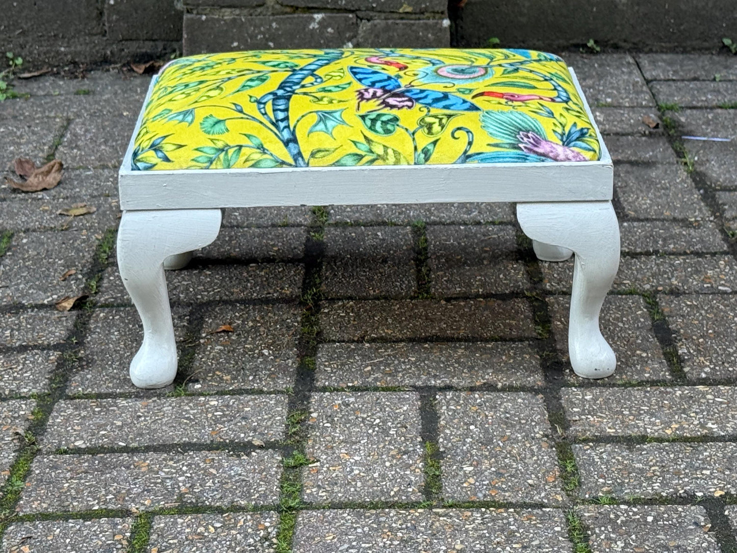 Vintage Reupholstered Footstool with William Morris Style Fabric – Yellow Green Botanical Print Ottoman / Painted Cabriole Leg Stool