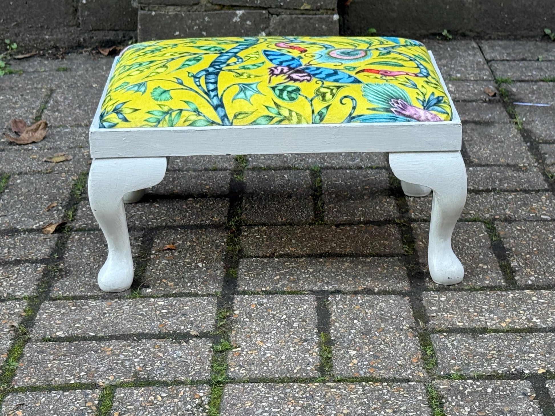 Vintage Reupholstered Footstool with William Morris Style Fabric – Yellow Green Botanical Print Ottoman / Painted Cabriole Leg Stool