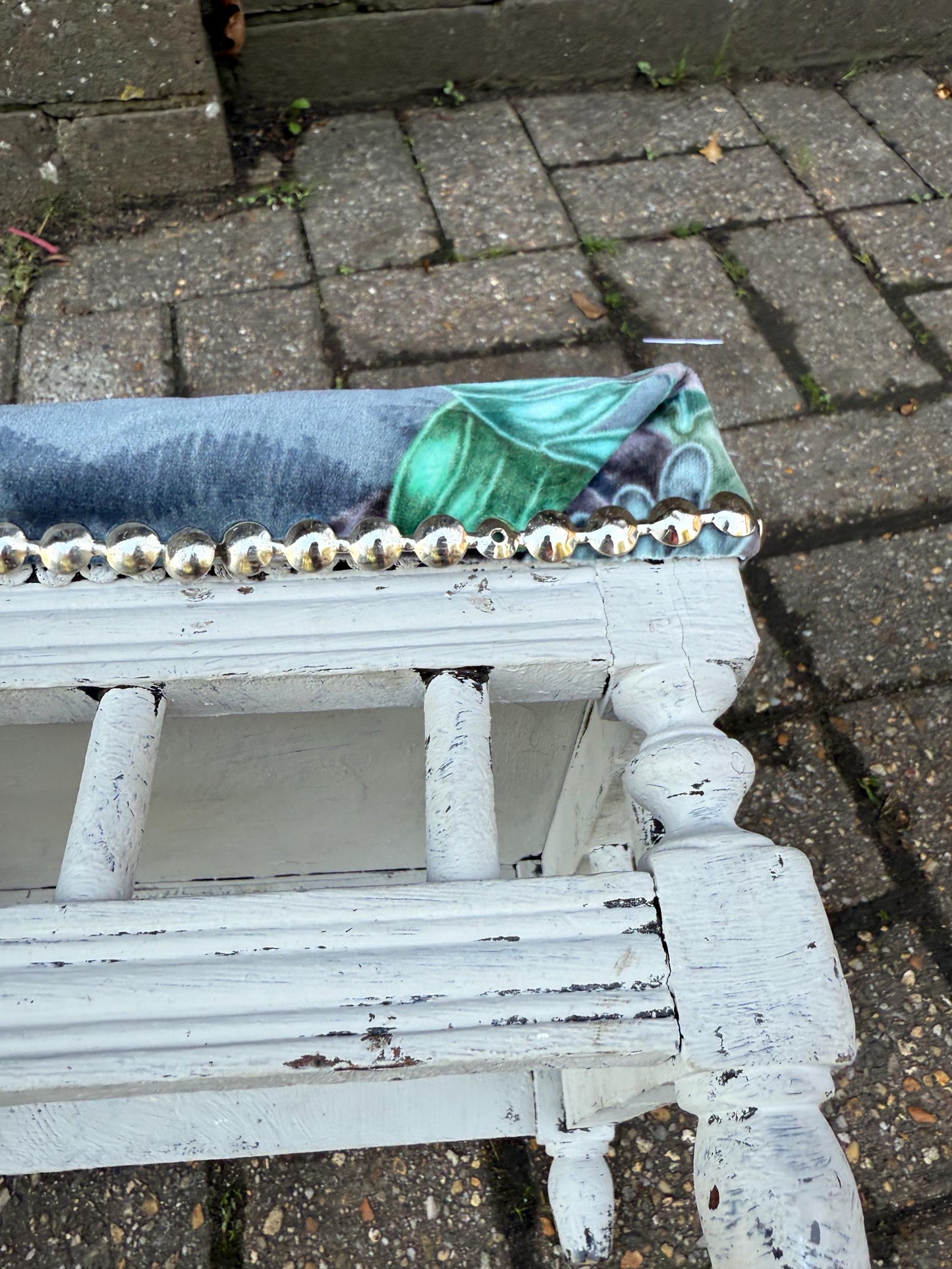 Vintage Reupholstered Stool with Botanical Animal Print Fabric – Distressed Painted Wooden Frame / Eclectic Footstool or Accent Seat, Lemurs
