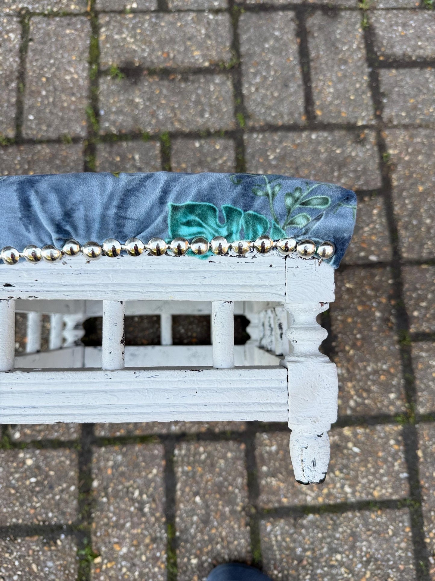 Vintage Reupholstered Stool with Botanical Animal Print Fabric – Distressed Painted Wooden Frame / Eclectic Footstool or Accent Seat, Lemurs