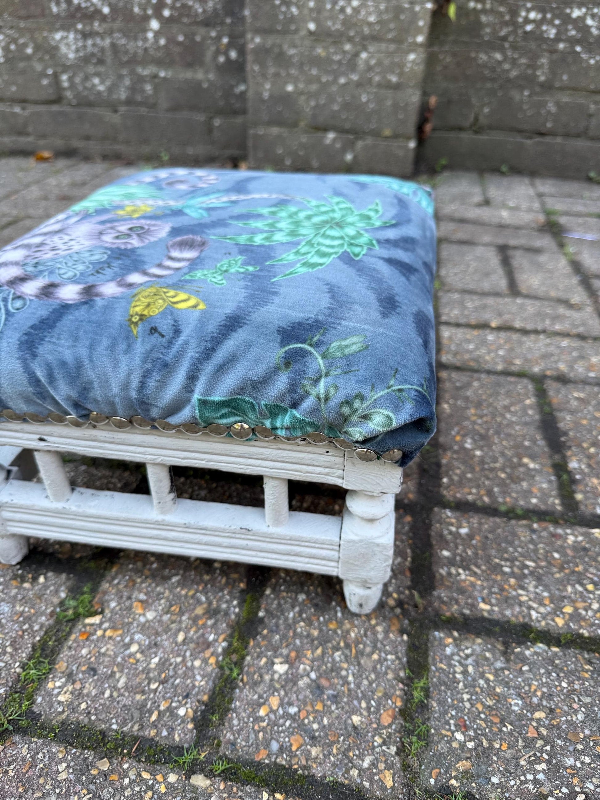 Vintage Reupholstered Stool with Botanical Animal Print Fabric – Distressed Painted Wooden Frame / Eclectic Footstool or Accent Seat, Lemurs