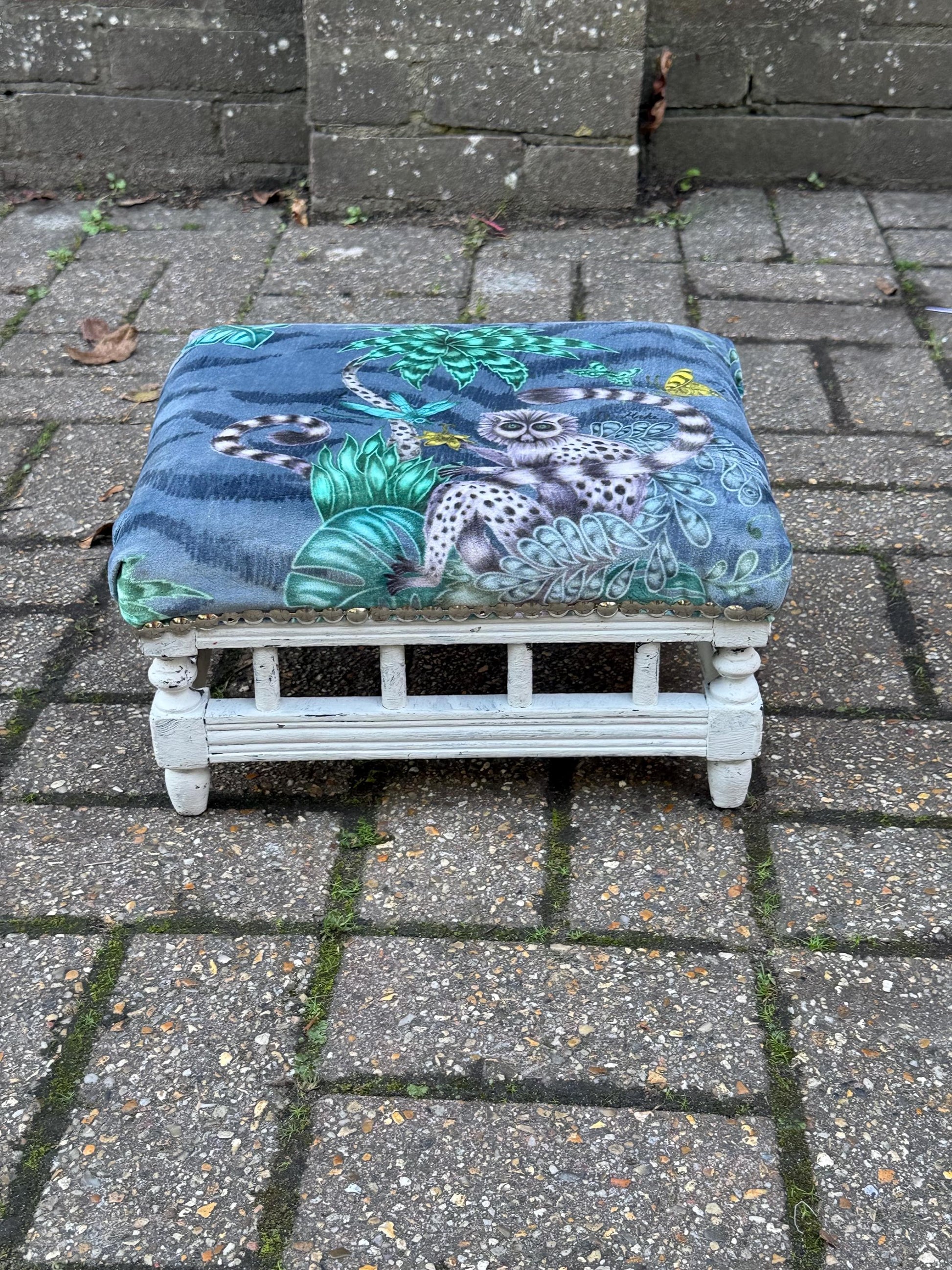 Vintage Reupholstered Stool with Botanical Animal Print Fabric – Distressed Painted Wooden Frame / Eclectic Footstool or Accent Seat, Lemurs