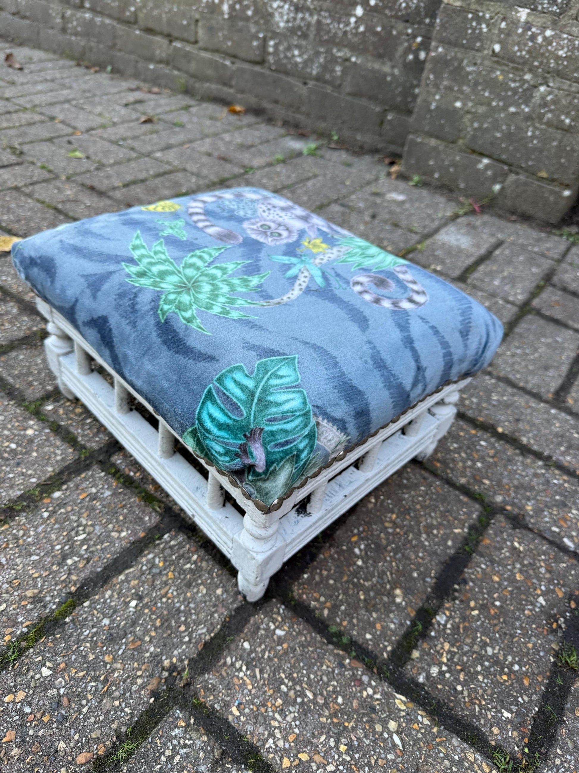 Vintage Reupholstered Stool with Botanical Animal Print Fabric – Distressed Painted Wooden Frame / Eclectic Footstool or Accent Seat, Lemurs