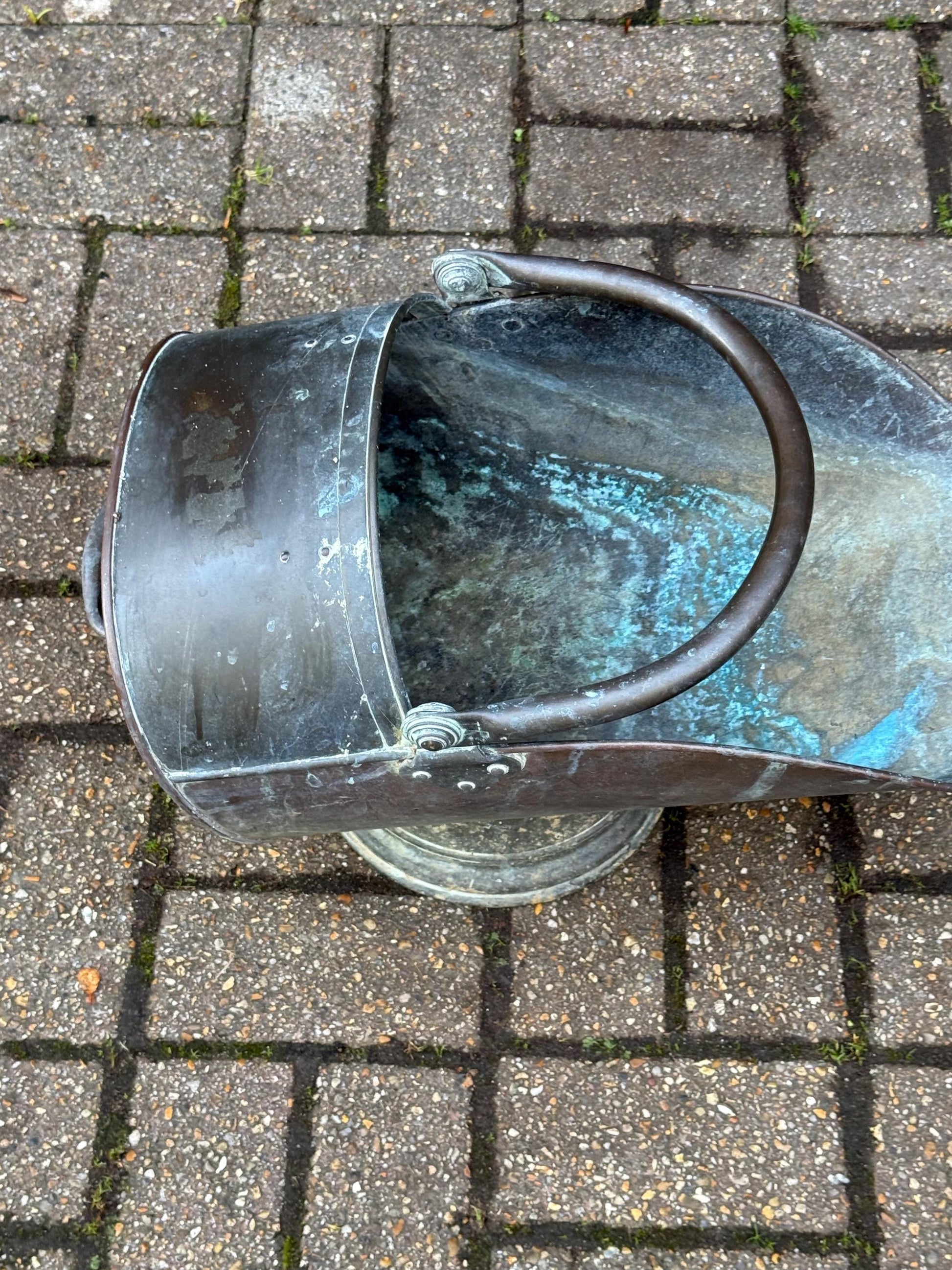 Antique Victorian Copper Coal Scuttle with Brass Handles – 19th Century English Fireside Bucket / Vintage Patinated Copper Planter