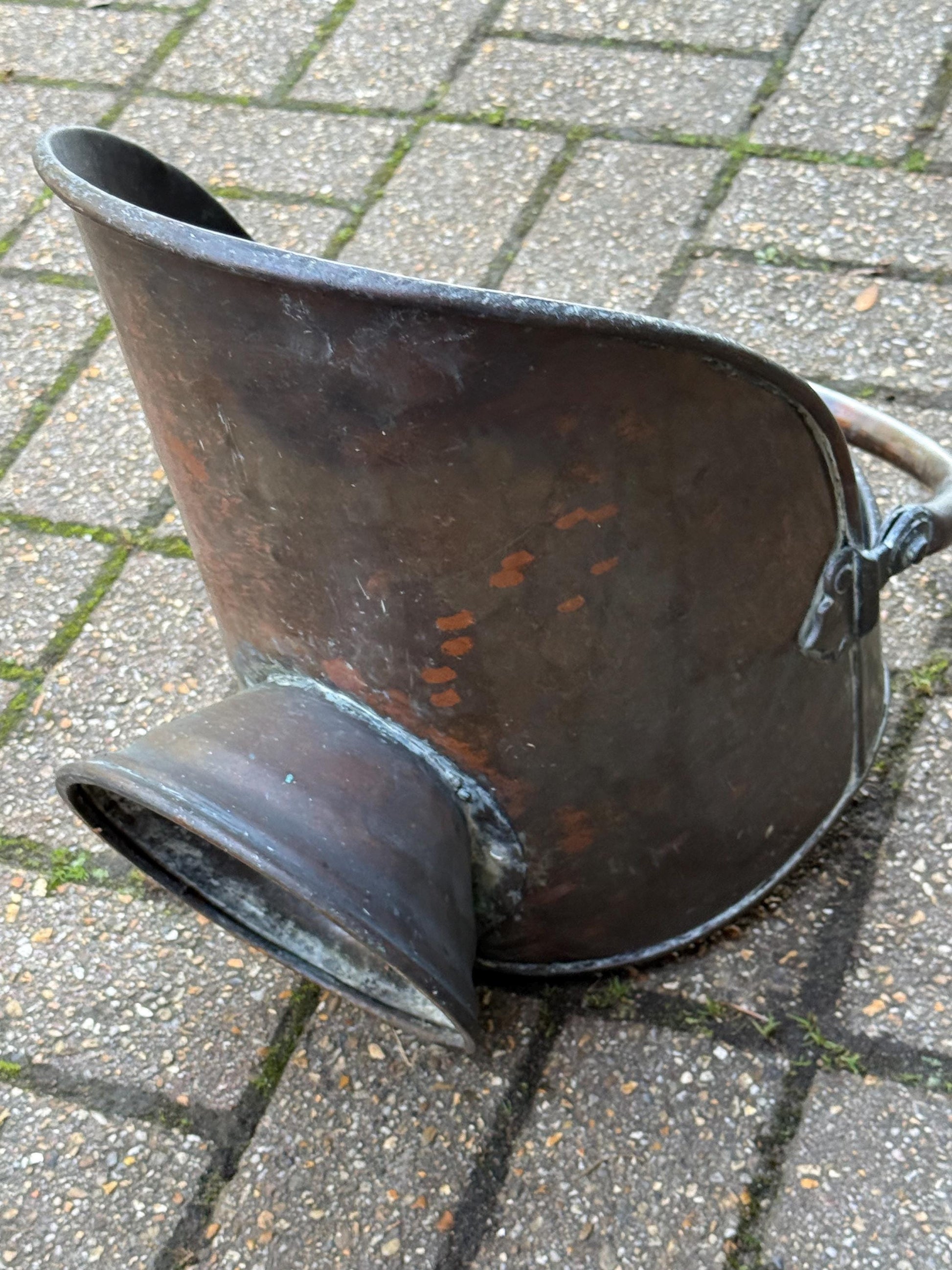 Antique Edwardian Copper Coal Scuttle with Brass Handles – Early 1900s English Fireside Bucket / Vintage Patinated Copper Planter